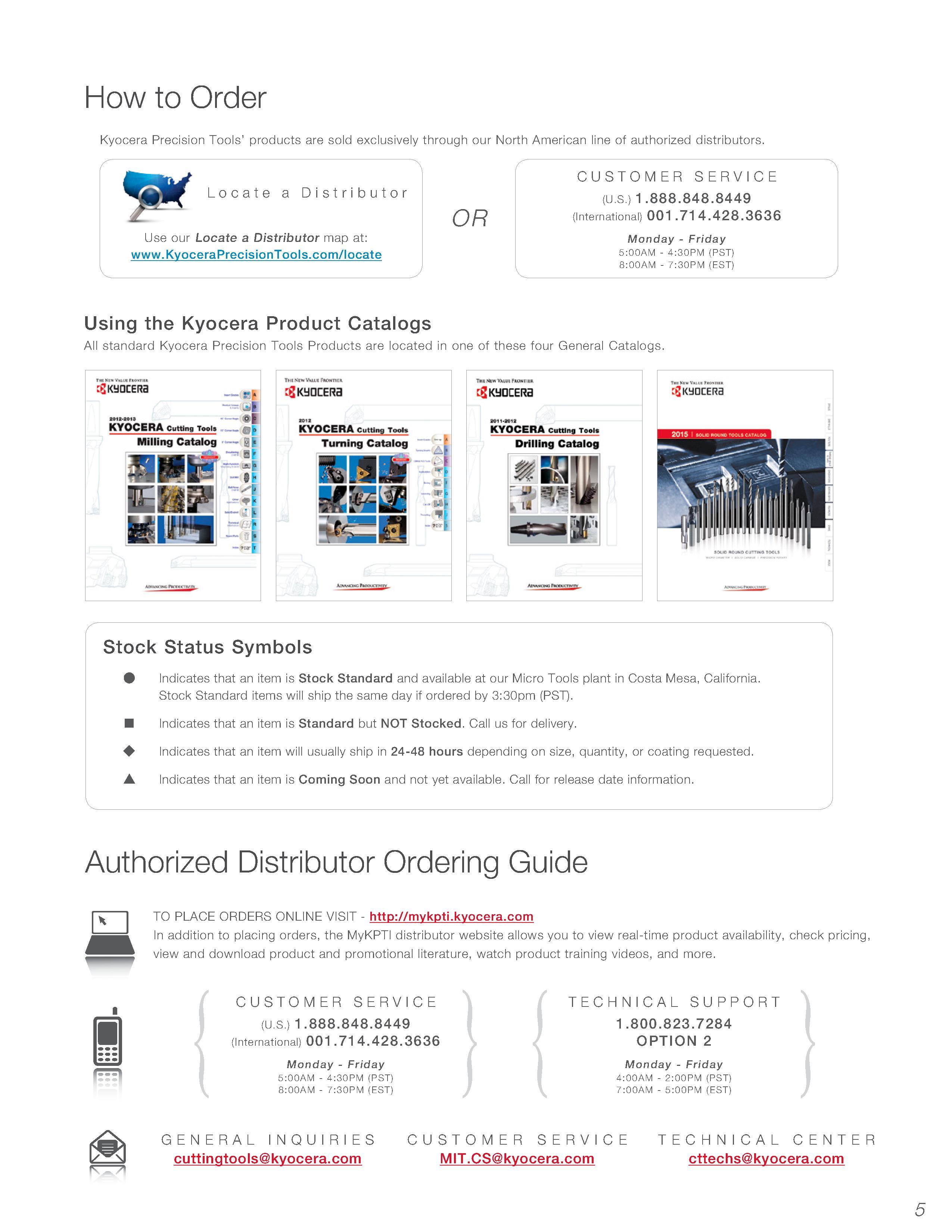 7 How to Order Kyocera Precision Tools’ products are sold exclusively through our North American line of authorized distributors Locate a Distribut Каталог KYOCERA 2016 Твердосплавный вращающийся режущий инструмент для металлообработки Концевые монолитные фрезы Спиральные сверла Специальные метчики Развертки Стр. 5