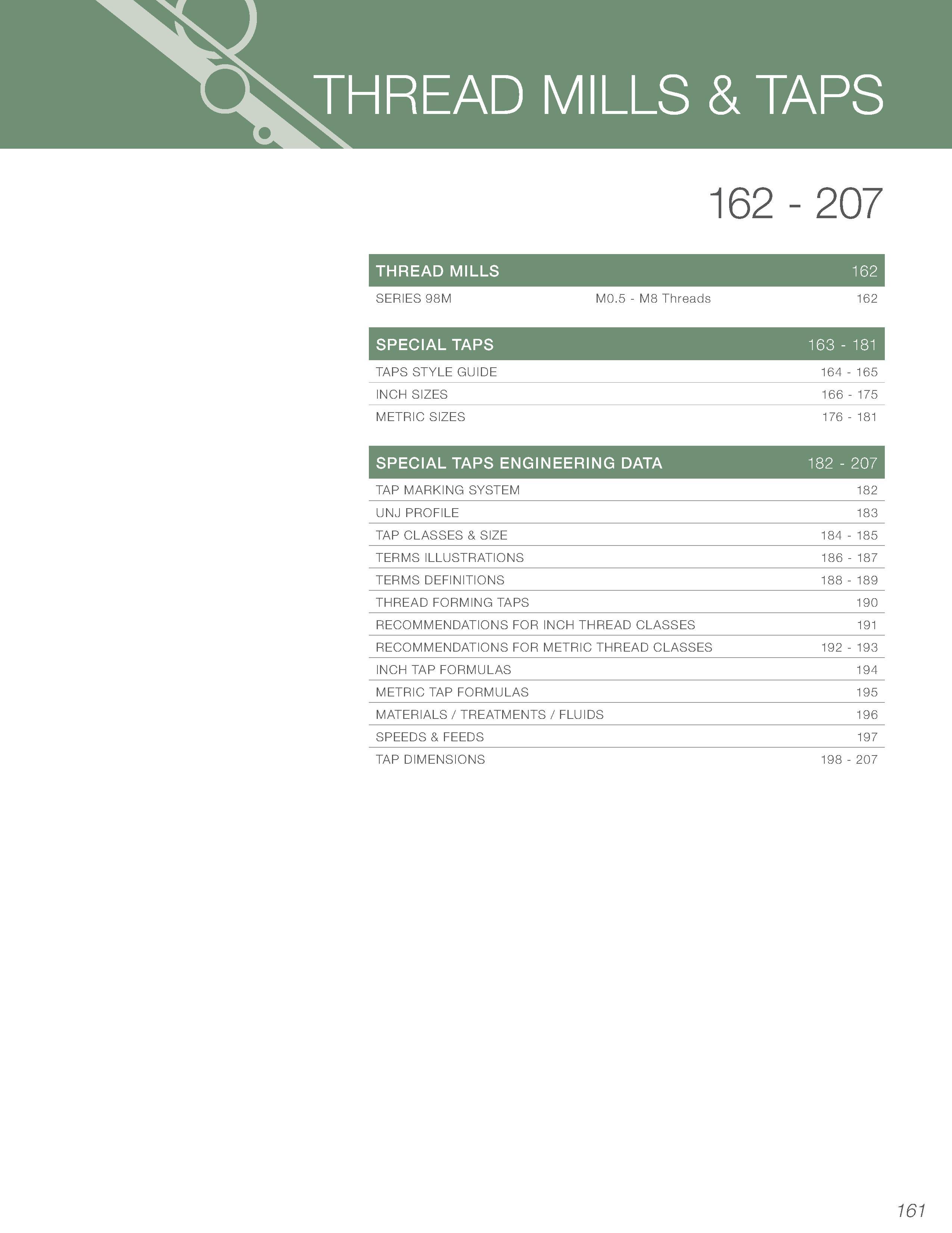 163 THREAD MILLS & TAPS 162 - 207 THREAD MILLS 162 SERIES 98M M0 5 - M8 Threads 162 SPECIAL TAPS 163 - 181 TAPS STYLE GUIDE 164 - 165 INCH SIZES 166 Каталог KYOCERA 2016 Твердосплавный вращающийся режущий инструмент для металлообработки Концевые монолитные фрезы Спиральные сверла Специальные метчики Развертки Стр. 161