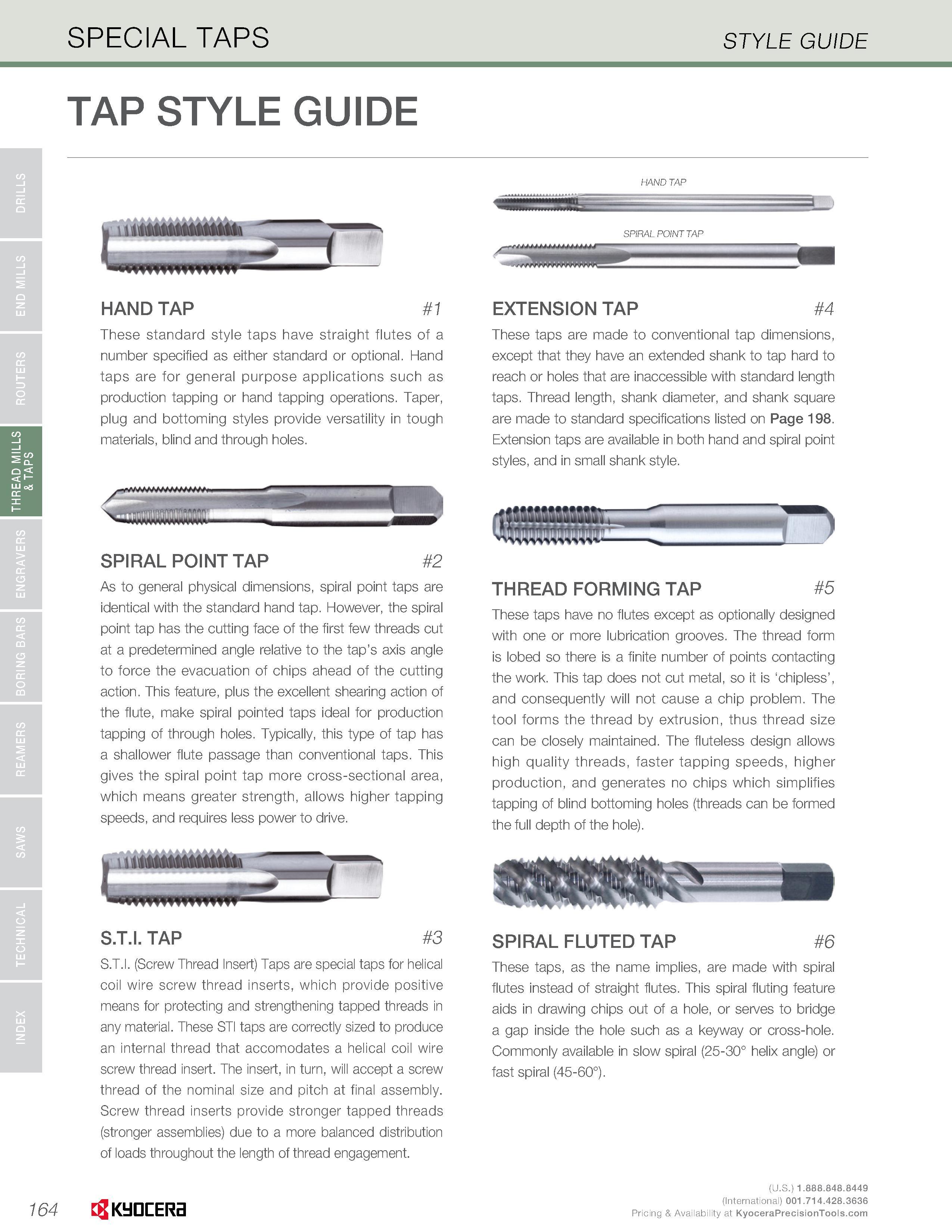 166 SPECIAL TAPS STYLE GUIDE TAP STYLE GUIDE SPIRAL POINT TAP HAND TAP 1 These standard style taps have straight flutes of a number specified as eith Каталог KYOCERA 2016 Твердосплавный вращающийся режущий инструмент для металлообработки Концевые монолитные фрезы Спиральные сверла Специальные метчики Развертки Стр. 164