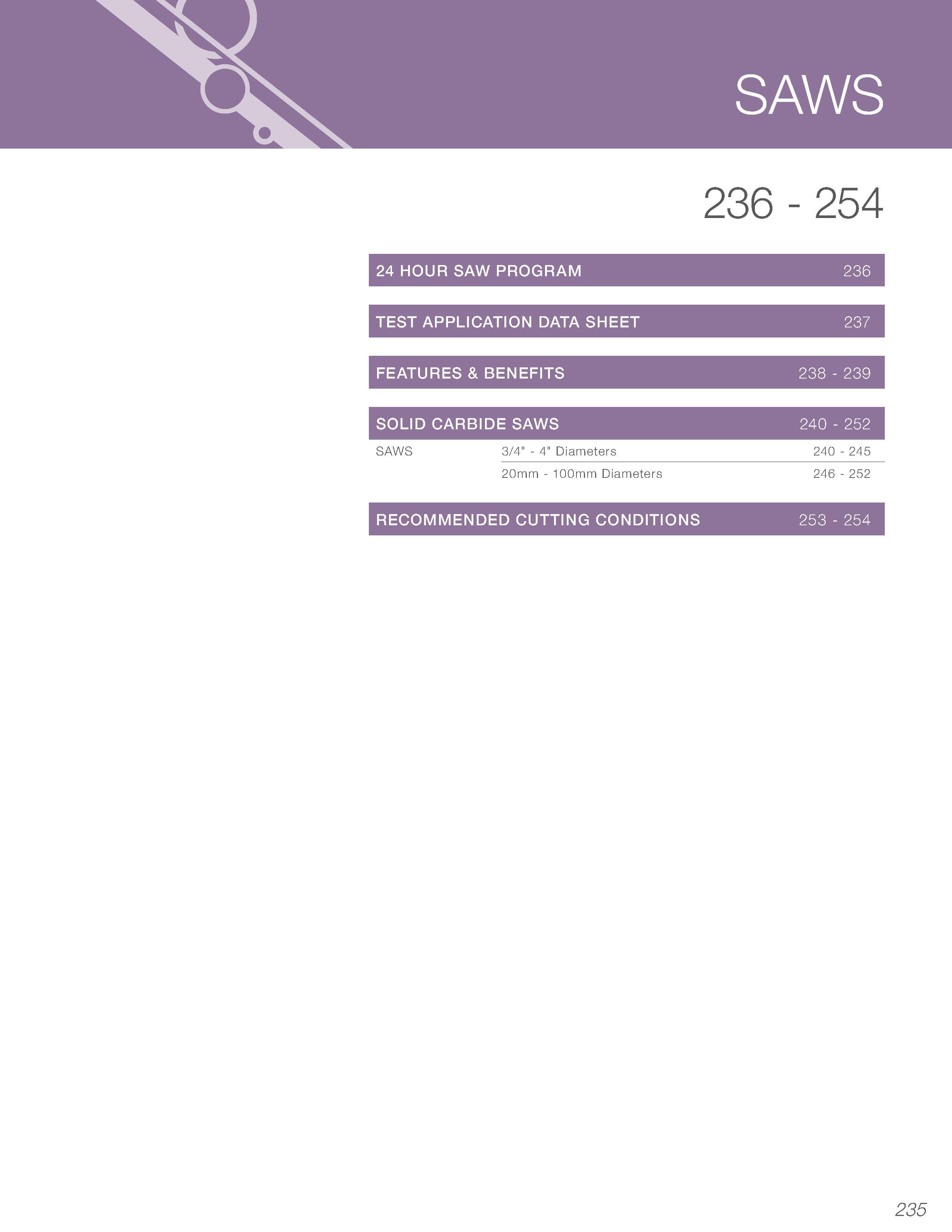 237 SAWS 24 HOUR SAW PROGRAM TEST APPLICATION DATA SHEET 236 - 254 FEATURES & BENEFITS 238 - 239 SOLID CARBIDE SAWS SAWS 3/4 - 4 Diameters 20mm - 100 Каталог KYOCERA 2016 Твердосплавный вращающийся режущий инструмент для металлообработки Концевые монолитные фрезы Спиральные сверла Специальные метчики Развертки Стр. 235