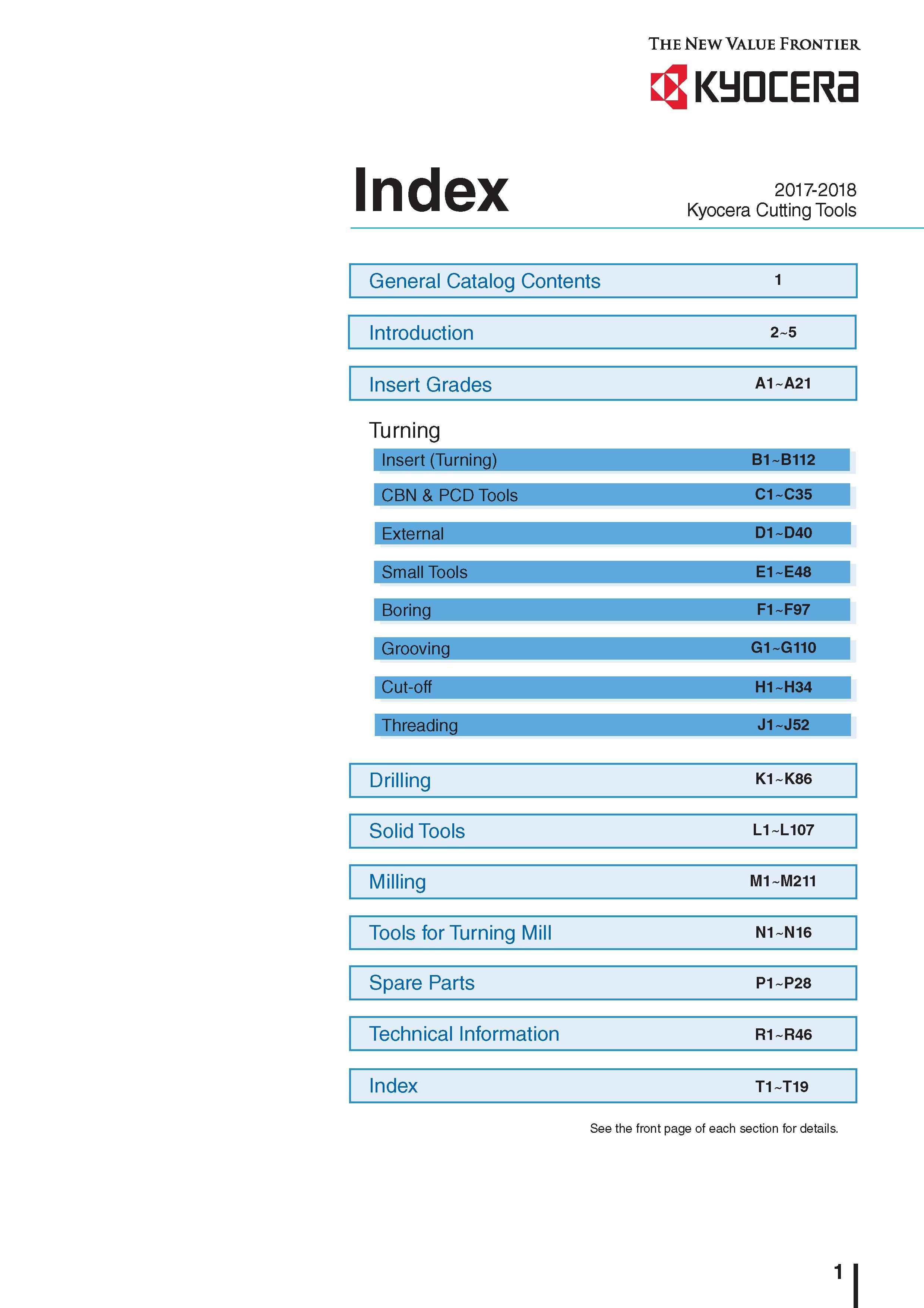 4 The New Value Frontier KyocERa Index 2017-2018 Kyocera Cutting Tools General Catalog Contents 1 Introduction 2 5 Insert Grades A1 A21 Turning Insert (Turni Каталог KYOCERA 2017 Инструмент Пластины сменные режущие из твердых сплавов и сверхтвердых материалов Сборные с СРП и цельные твердосплавные фрезы Спиральные сверла Стр. 1