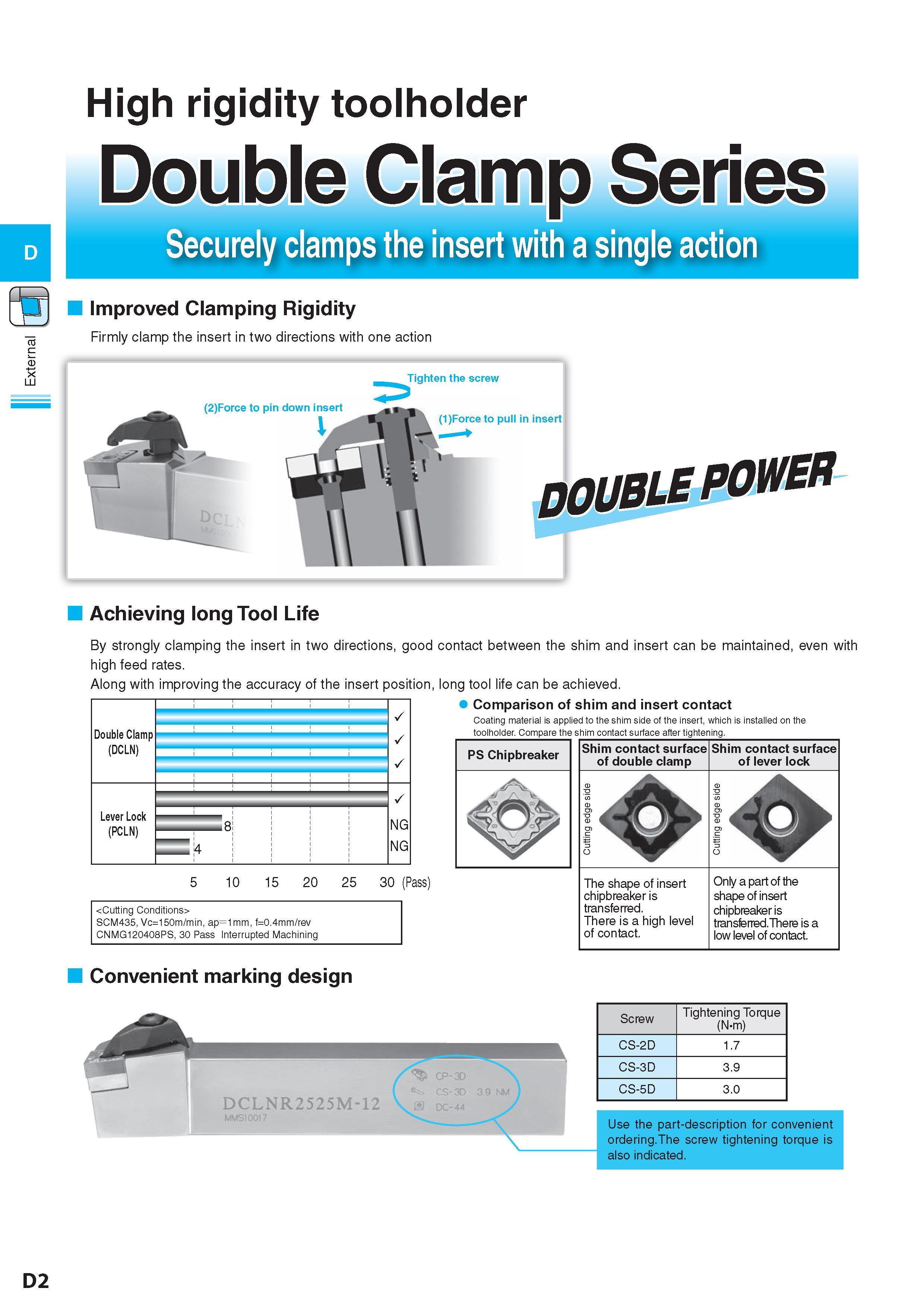 178 E External High rigidity toolholder Double Clamp Securely clamps the insert with a single action Improved Clamping Rigidity Firmly clamp the insert in two Каталог KYOCERA 2017 Инструмент Пластины сменные режущие из твердых сплавов и сверхтвердых материалов Сборные с СРП и цельные твердосплавные фрезы Спиральные сверла Стр. D2