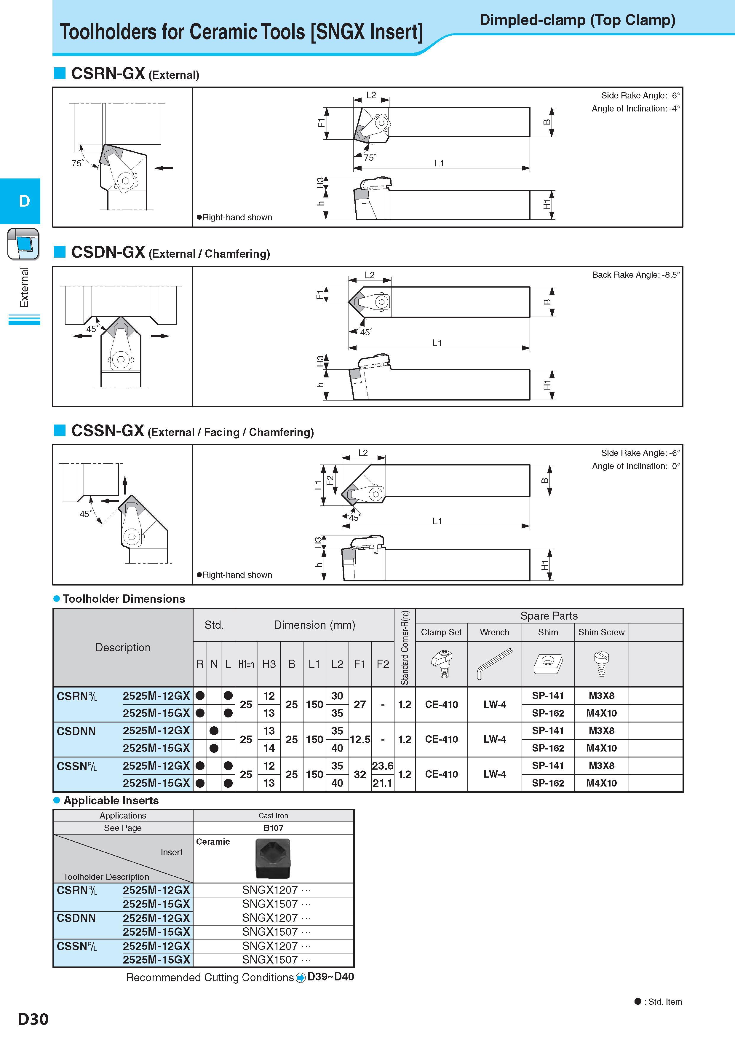 206 Toolholders for Ceramic Tools SNGX Insert Dimpied-ciamp (Top ciamp) CSRN-GX (External) D CSDN-GX (External / Chamfering) CSSN-GX (External / Facing / Chamf Каталог KYOCERA 2017 Инструмент Пластины сменные режущие из твердых сплавов и сверхтвердых материалов Сборные с СРП и цельные твердосплавные фрезы Спиральные сверла Стр. D30