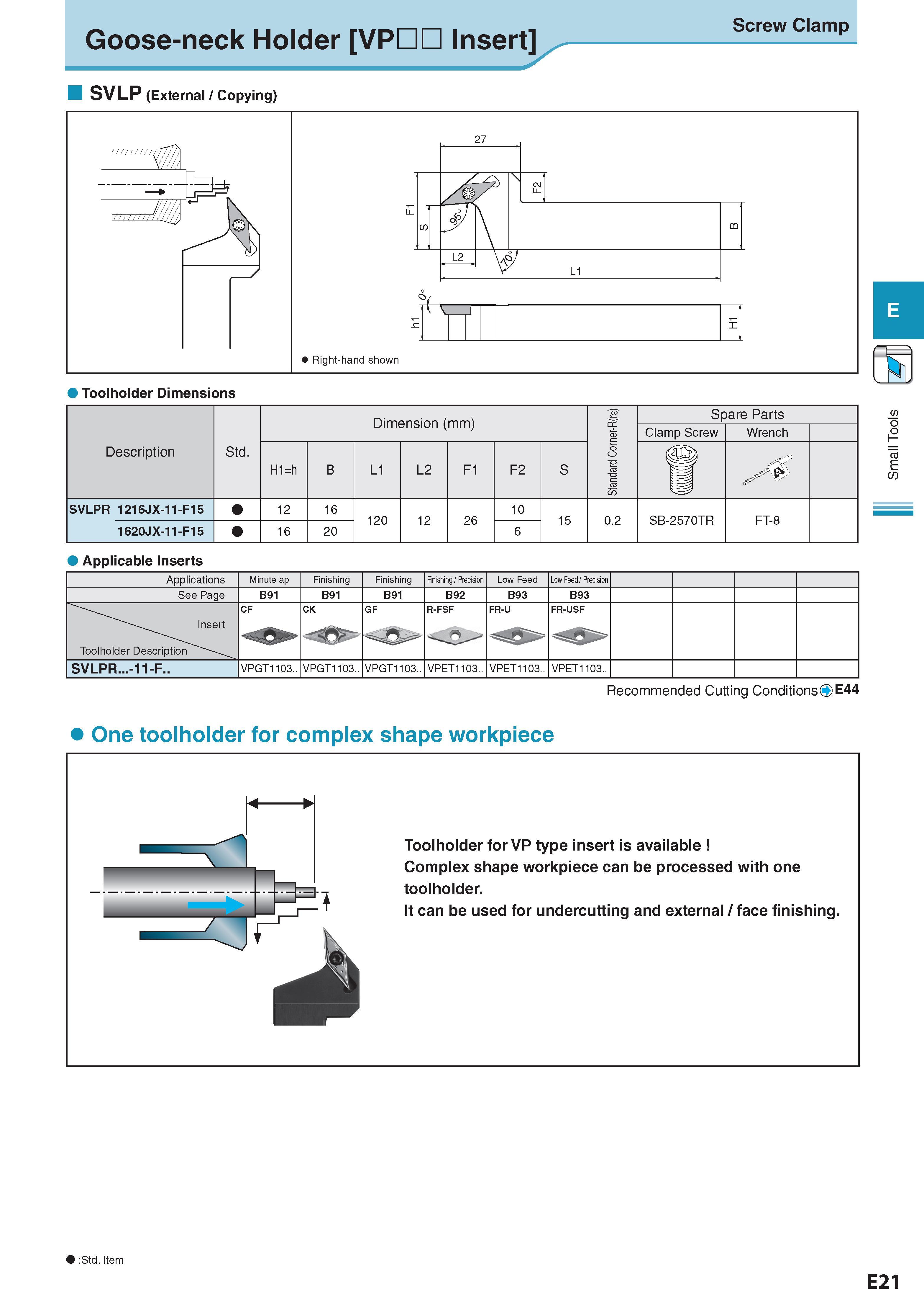 237 Goose-neck Holder VPHO Insert Screw Clamp SVLP (External / Copying) n Dimension (mm) Размеры в мм Standard Corner-R(re) Spare Parts Clamp Screw Wrench Desc Каталог KYOCERA 2017 Инструмент Пластины сменные режущие из твердых сплавов и сверхтвердых материалов Сборные с СРП и цельные твердосплавные фрезы Спиральные сверла Стр. E21