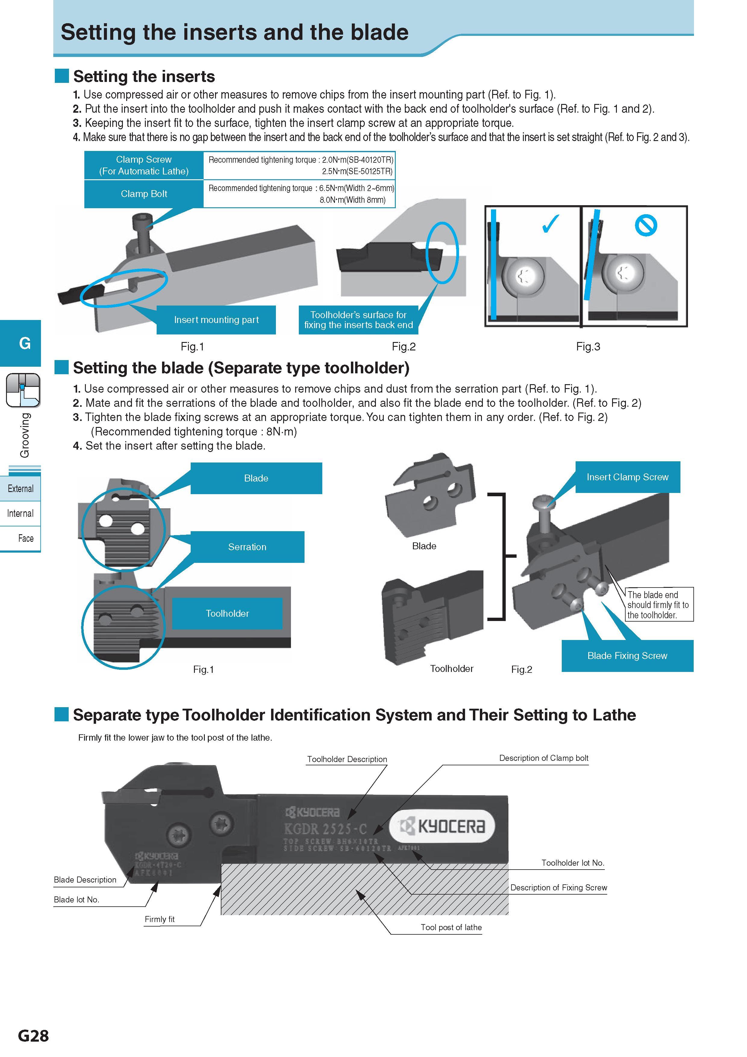 389 Setting the inserts and the blade Setting the inserts 1 Use compressed air or other measures to remove chips from the insert mounting part (Ref to Fig 1) 2 Каталог KYOCERA 2017 Инструмент Пластины сменные режущие из твердых сплавов и сверхтвердых материалов Сборные с СРП и цельные твердосплавные фрезы Спиральные сверла Стр. G28