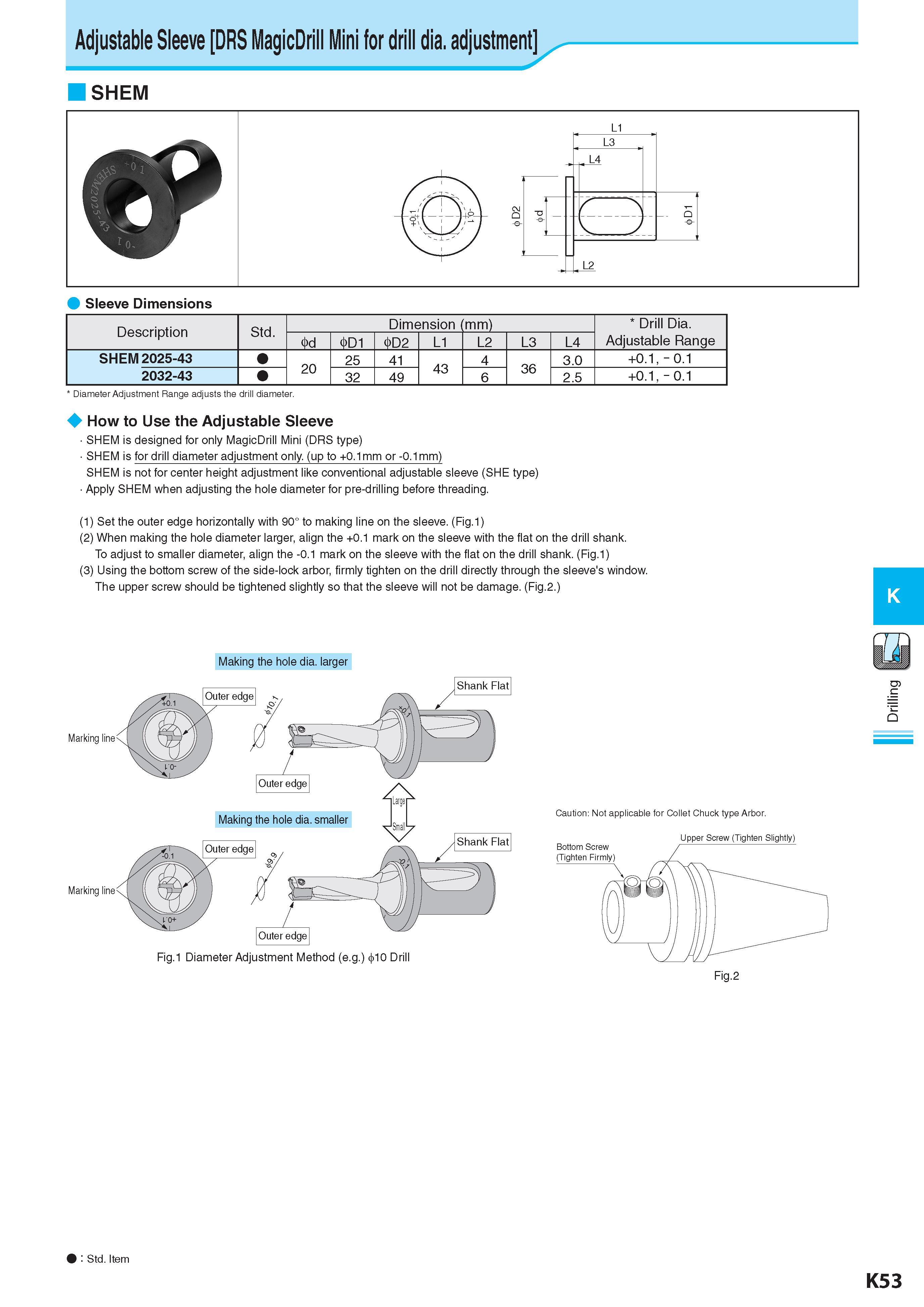 610 Adjustable Sleeve DRS MagicDrill Mini for drill dia adjustment SHEM Sleeve Dimensions Description Обозначение Std Dimension (mm) Размеры в мм Drill Dia Adj Каталог KYOCERA 2017 Инструмент Пластины сменные режущие из твердых сплавов и сверхтвердых материалов Сборные с СРП и цельные твердосплавные фрезы Спиральные сверла Стр. K53