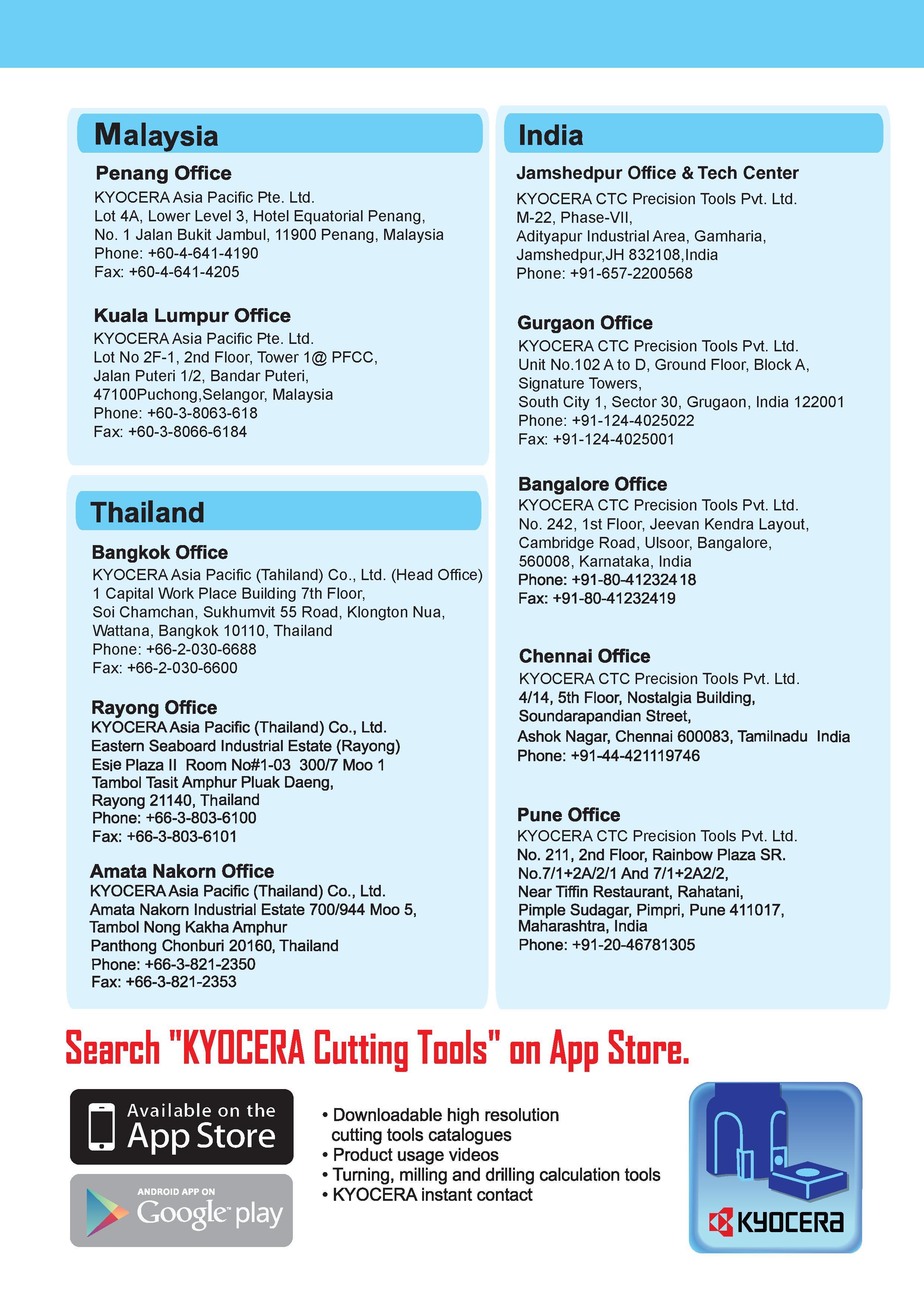 1072 Malaysia India Penang Office KYOCERA Asia Pacific Pte Ltd Lot 4A, Lower Level 3, Hotel Equatorial Penang, No 1 Jalan Bukit Jambul, 11900 Penang, Malaysia P Каталог KYOCERA 2017 Инструмент Пластины сменные режущие из твердых сплавов и сверхтвердых материалов Сборные с СРП и цельные твердосплавные фрезы Спиральные сверла Стр. 