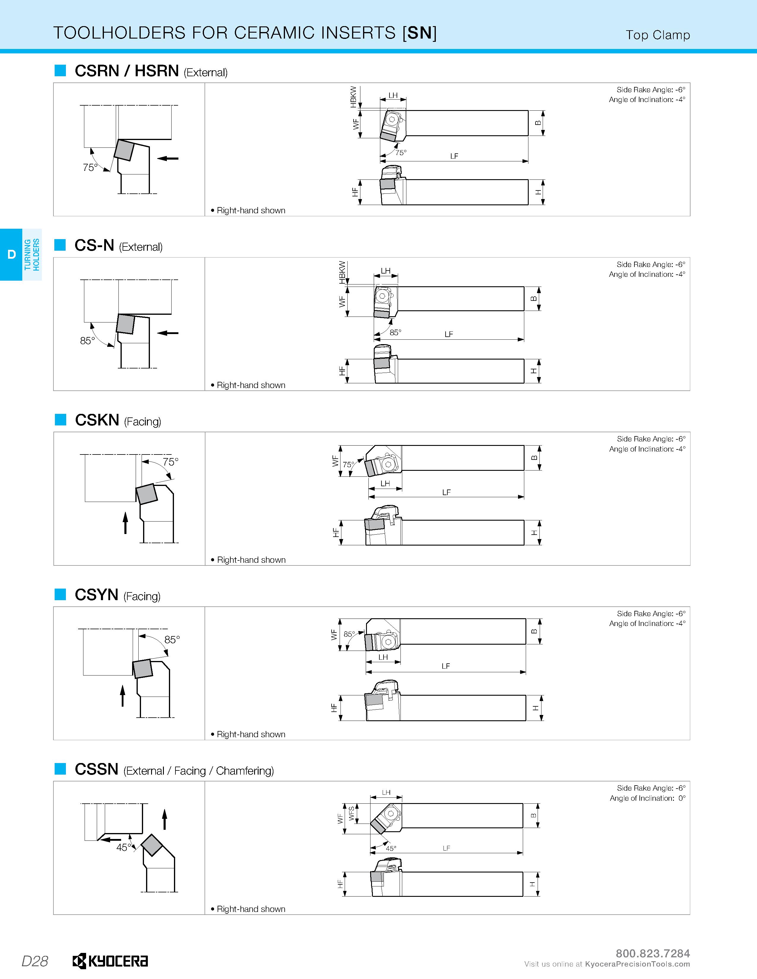 214 TURNING HOLDERS TOOLHOLDERS FOR CERAMIC INSERTS SN Top Clamp CSRN / HSRN (External) i loft- “t LF Right-hand shown Side Rake Angle: -6 Angle of I Каталог KYOCERA 2019 Инструмент для металлообработки Сверла по металлу для станков из твердого сплава Токарные державки со сменными пластинами Корпусные фрезы с СМП Запасные части Стр. D28