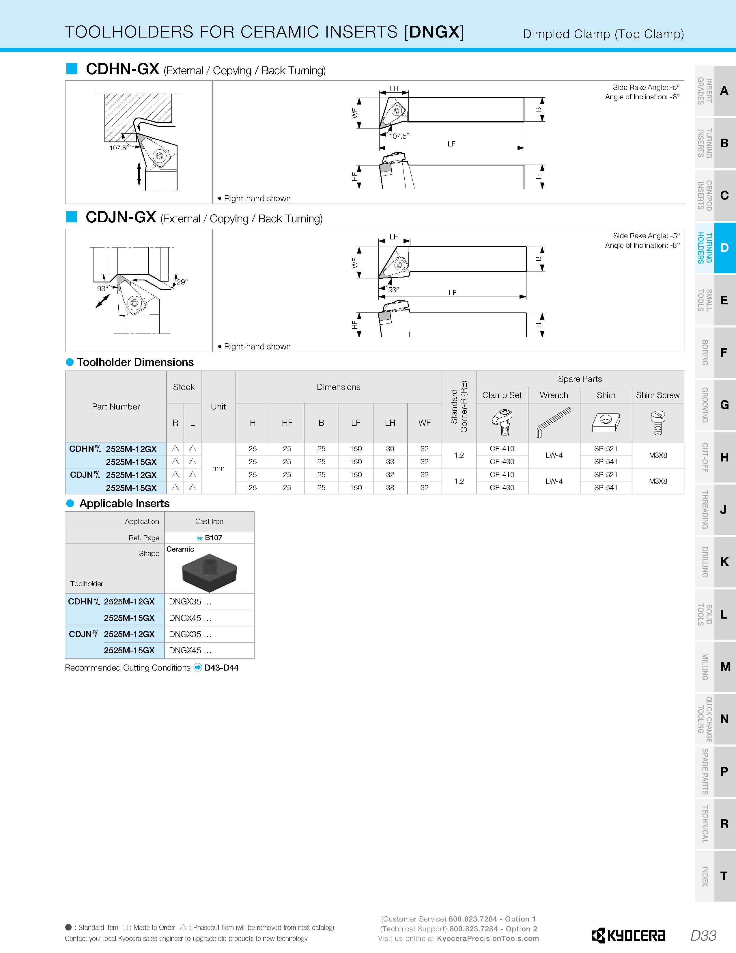 219 TOOLHOLDERS FOR CERAMIC INSERTS DNGX Dimpled Clamp (Top Clamp) CDHN-GX (External / Copying / Back Turning) T> A E D R ER T Z C/5 O DO O SD B C CD Каталог KYOCERA 2019 Инструмент для металлообработки Сверла по металлу для станков из твердого сплава Токарные державки со сменными пластинами Корпусные фрезы с СМП Запасные части Стр. D33