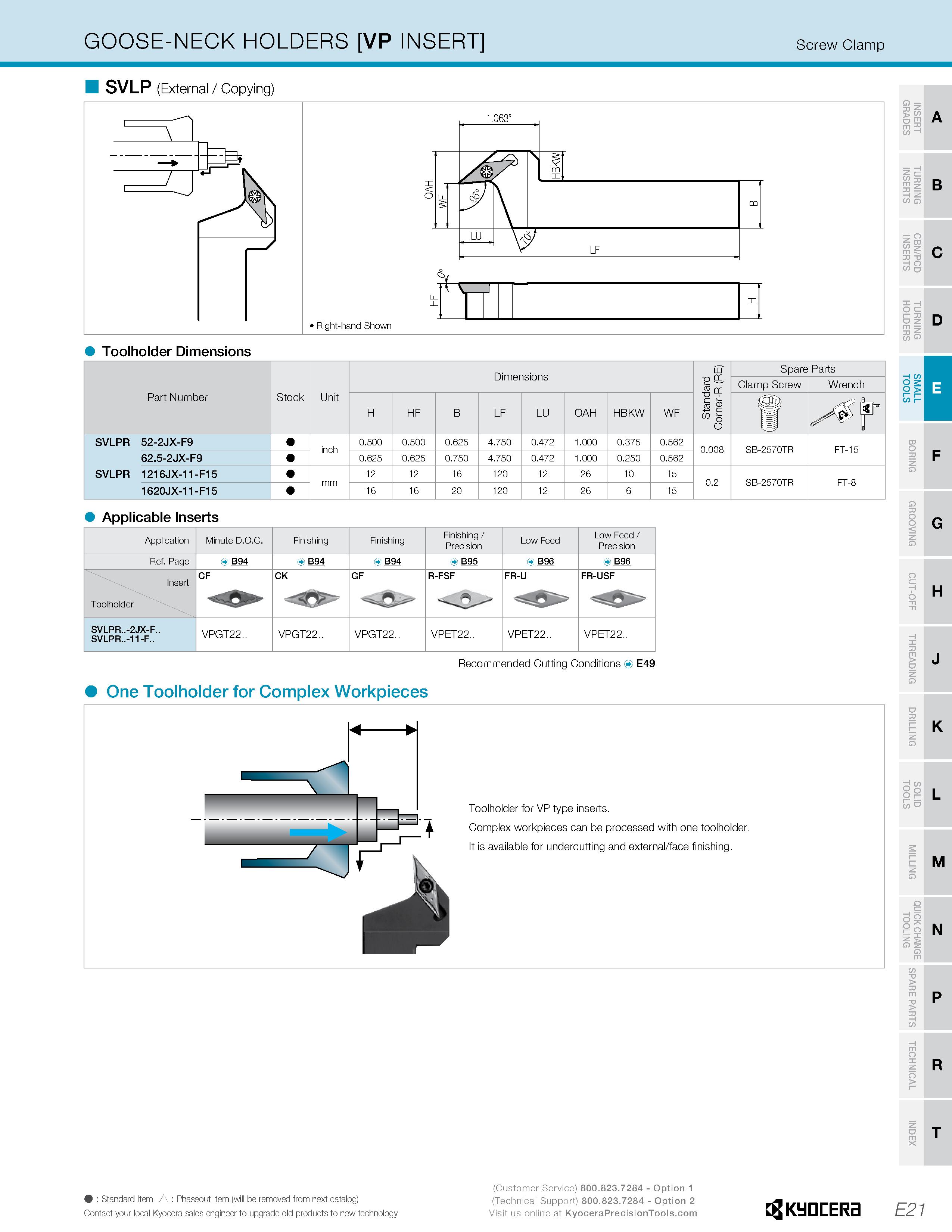 251 GOOSE-NECK HOLDERS VP INSERT Screw Clamp SVLP (External / Copying) Right-hand Shown Toolholder Dimensions Applicable Inserts Recommended Cutting Каталог KYOCERA 2019 Инструмент для металлообработки Сверла по металлу для станков из твердого сплава Токарные державки со сменными пластинами Корпусные фрезы с СМП Запасные части Стр. E21