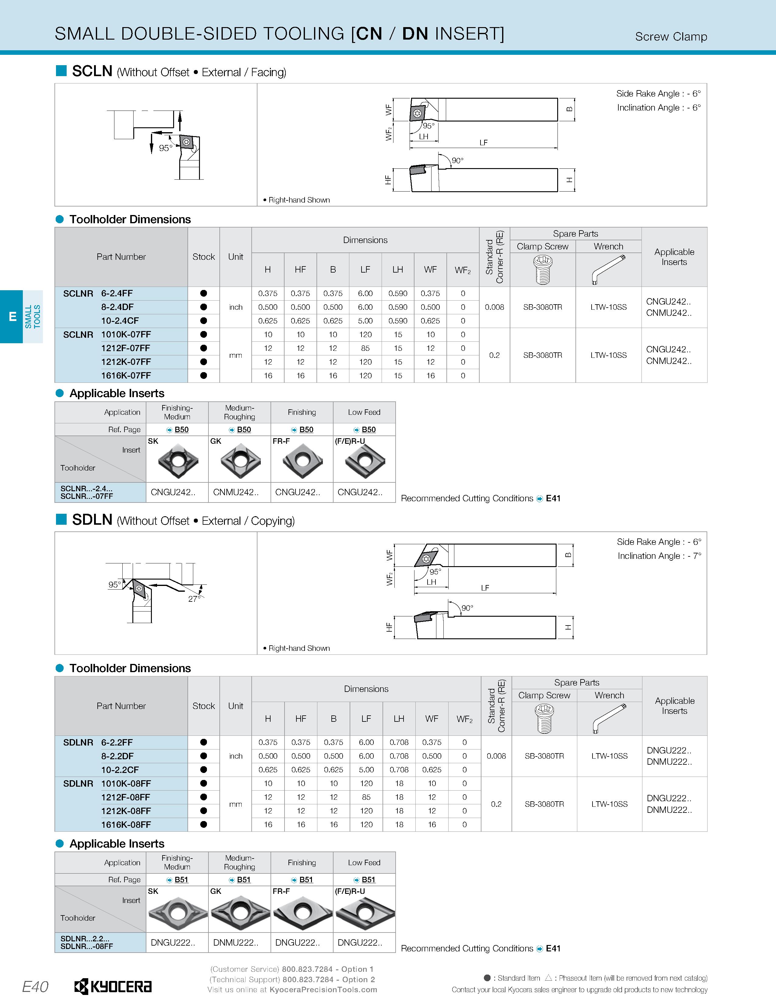 270 SMALL TOOLS SMALL DOUBLE-SIDED TOOLING CN / DN INSERT Screw Clamp H SCLN (Without Offset External / Facing) 95 iy LH CD LF Side Rake Angle : - 6° Каталог KYOCERA 2019 Инструмент для металлообработки Сверла по металлу для станков из твердого сплава Токарные державки со сменными пластинами Корпусные фрезы с СМП Запасные части Стр. E40