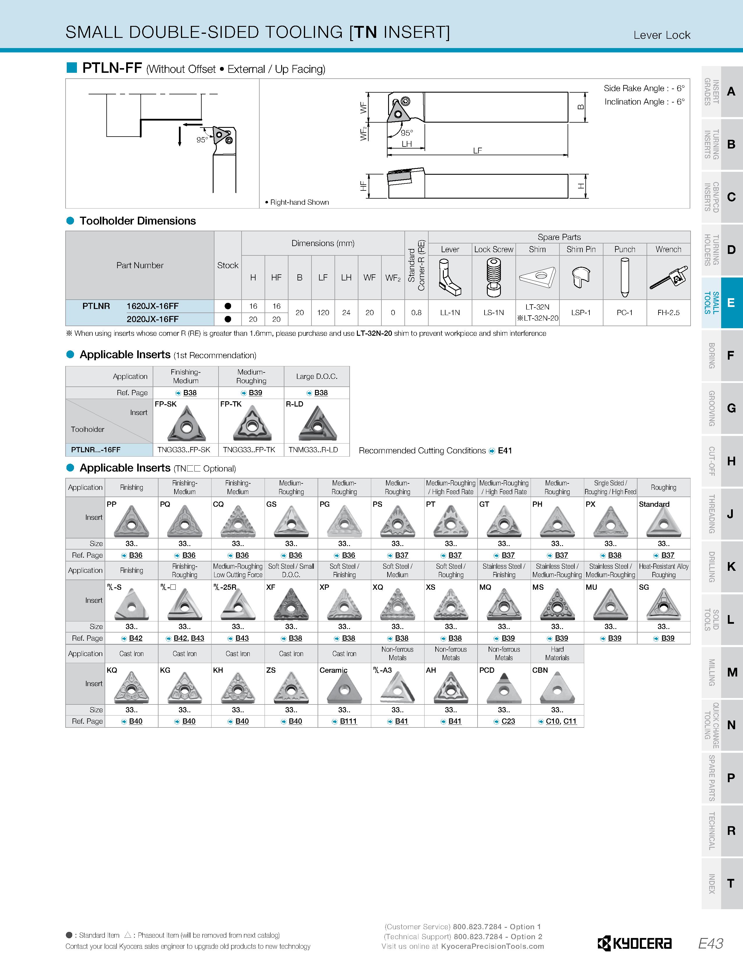 273 SMALL DOUBLE-SIDED TOOLING TN INSERT Lever Lock PTLN-FF (Without Offset External / Up Facing) O T> > £ m 2 c/> C/> Q 33 T3 O CZ I- ZD C3 m = Tool Каталог KYOCERA 2019 Инструмент для металлообработки Сверла по металлу для станков из твердого сплава Токарные державки со сменными пластинами Корпусные фрезы с СМП Запасные части Стр. E43