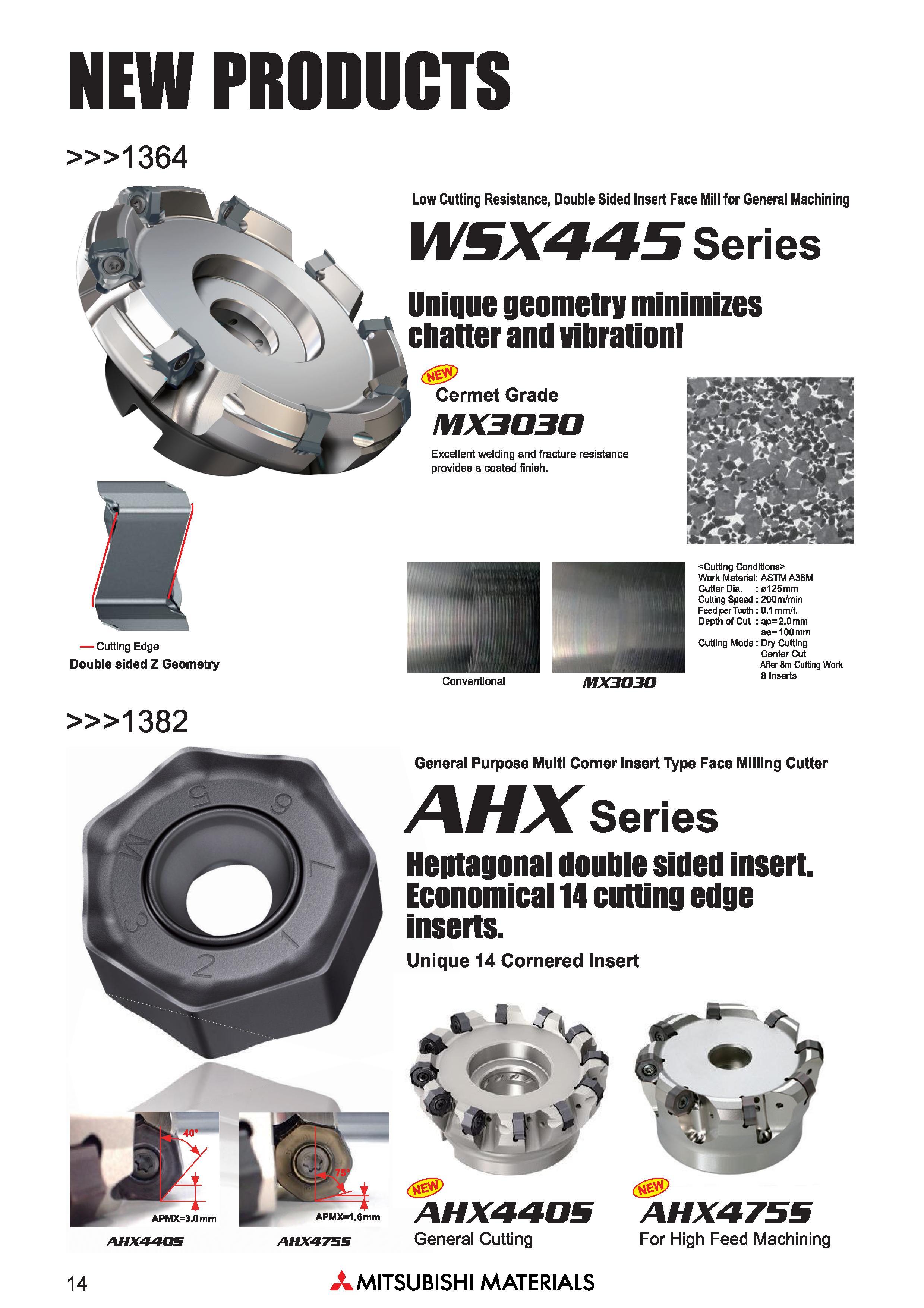 14 Cutting Edge Double sided Z Geometry Low Cutting Resistance, Double Sided Insert Face Mill for General Machining WSX445 Series Unique geometry minimizes chatter and vibration Cermet Grade MX3030 Excellent welding and fracture resistance provides a coated Каталог MITSUBISHI 2018 Инструмент для станков Пластины сменные режущие Фрезы концевые твердосплавные и сборные с СРП Сверла спиральные Резцы токарные Державки Стр. 14
