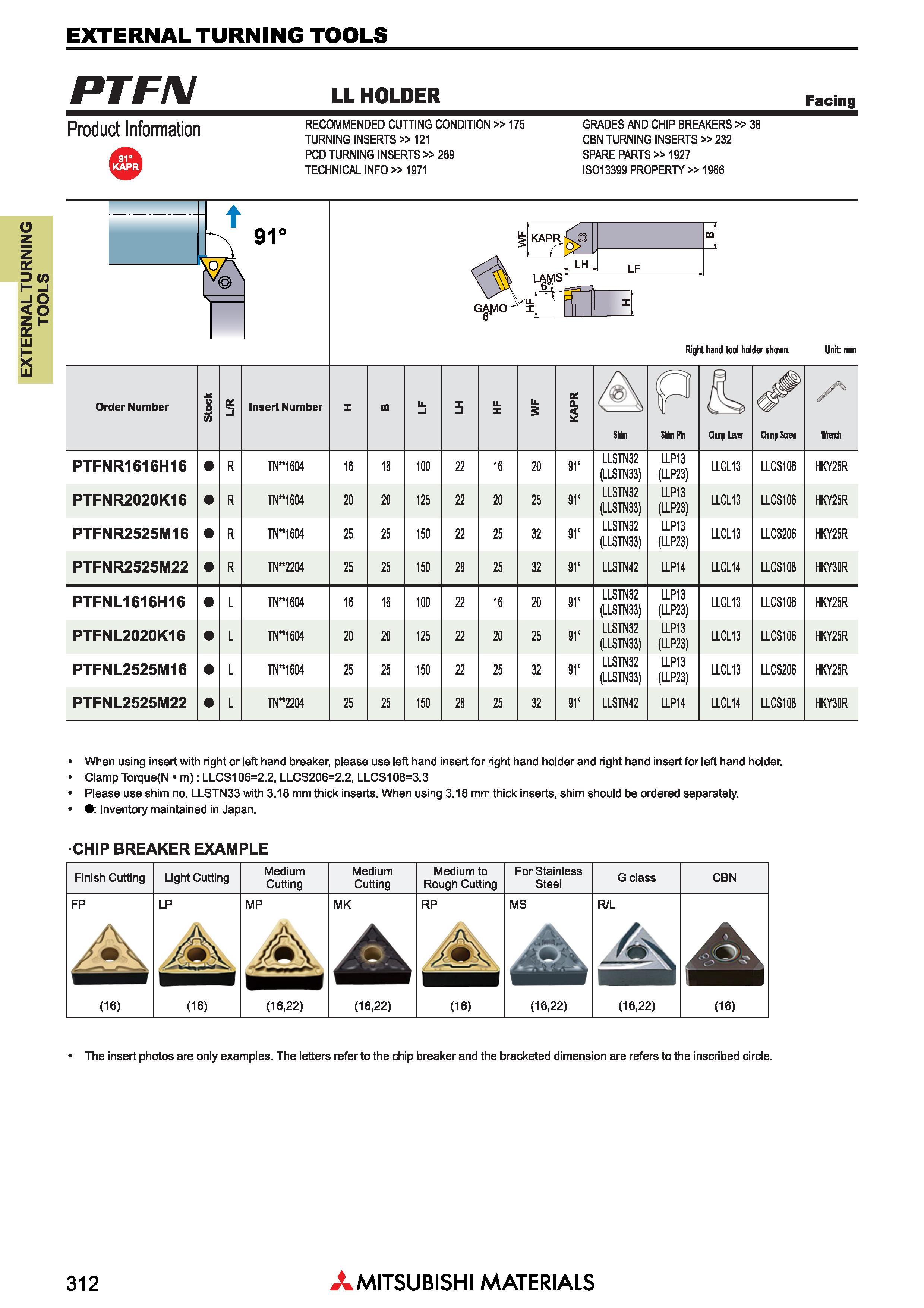 312 Токарные державки по металлу японской компании Mitsubishi Materials с призматическим хвостовиком EXTERNAL TURNING TOOLS Каталог MITSUBISHI 2018 Инструмент для станков Пластины сменные режущие Фрезы концевые твердосплавные и сборные с СРП Сверла спиральные Резцы токарные Державки Стр. 312