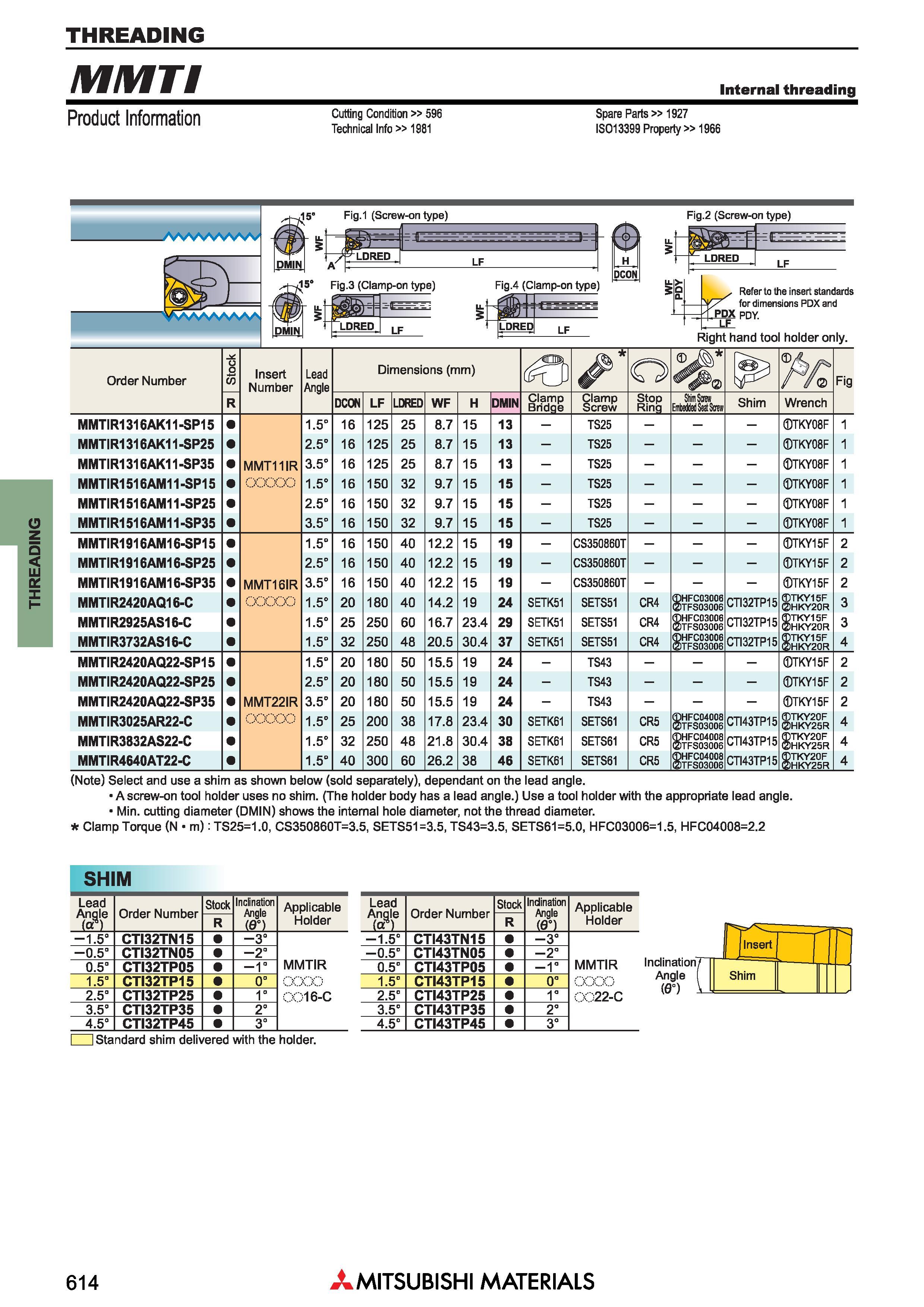 614 Токарный резьбонарезной инструмент Mitsubishi THREADING Державки и пластины MMT Internal threading Product Information Cutting Condition 596 Tech Каталог MITSUBISHI 2018 Инструмент для станков Пластины сменные режущие Фрезы концевые твердосплавные и сборные с СРП Сверла спиральные Резцы токарные Державки Стр. 614