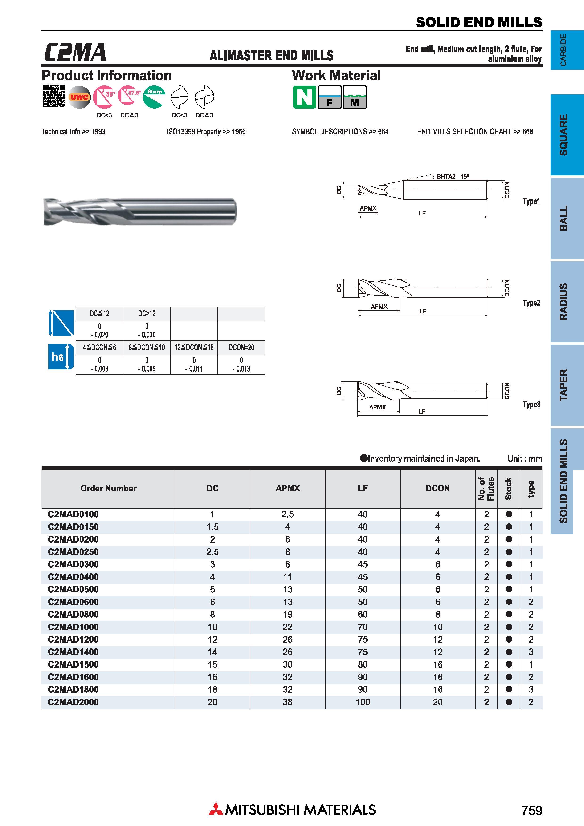 759 Концевые фрезы Mitsubishi Materials по металлу SOLID END MILLS Каталог MITSUBISHI 2018 Инструмент для станков Пластины сменные режущие Фрезы концевые твердосплавные и сборные с СРП Сверла спиральные Резцы токарные Державки Стр. 759