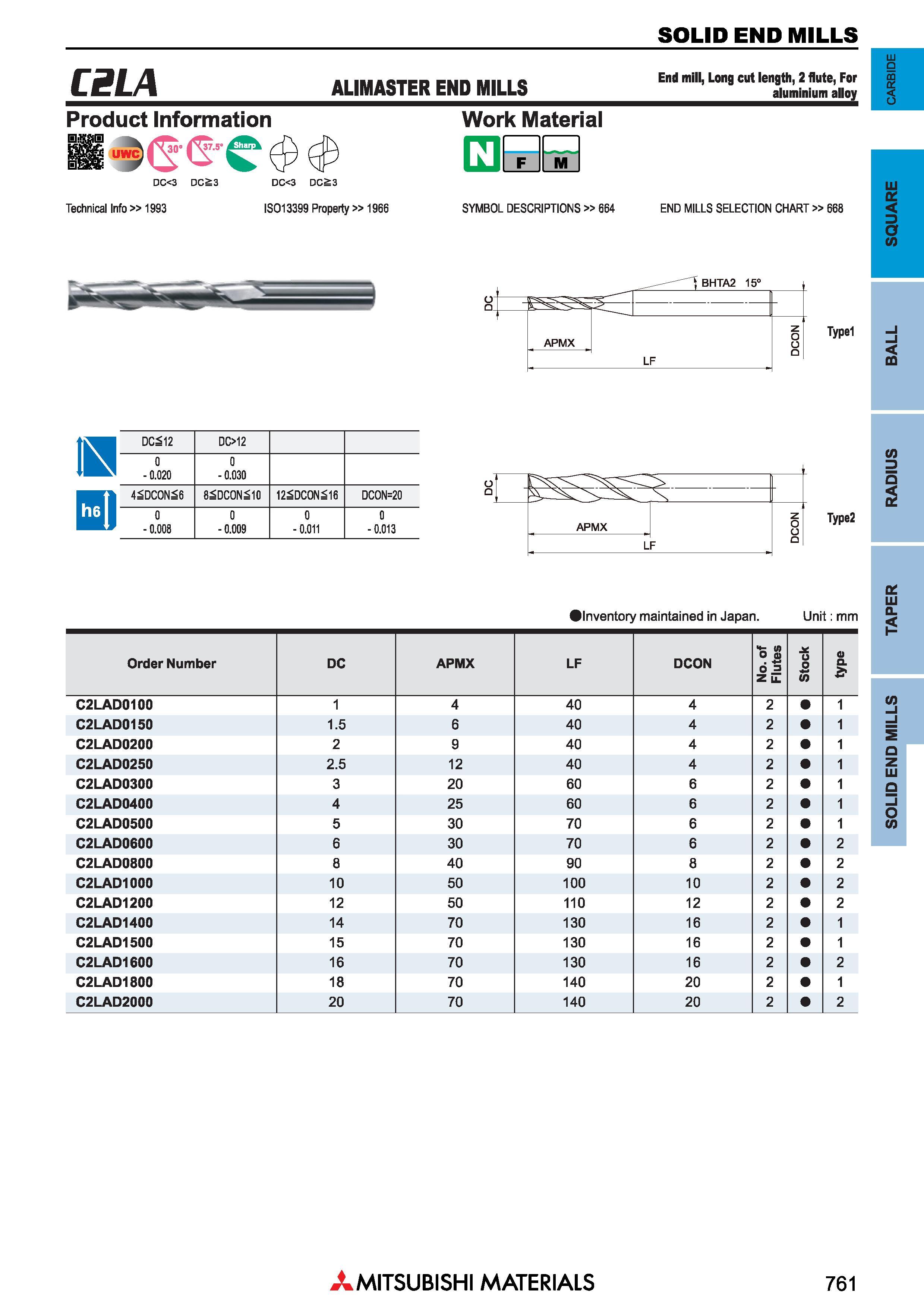 761 Концевые фрезы Mitsubishi Materials по металлу SOLID END MILLS Каталог MITSUBISHI 2018 Инструмент для станков Пластины сменные режущие Фрезы концевые твердосплавные и сборные с СРП Сверла спиральные Резцы токарные Державки Стр. 761