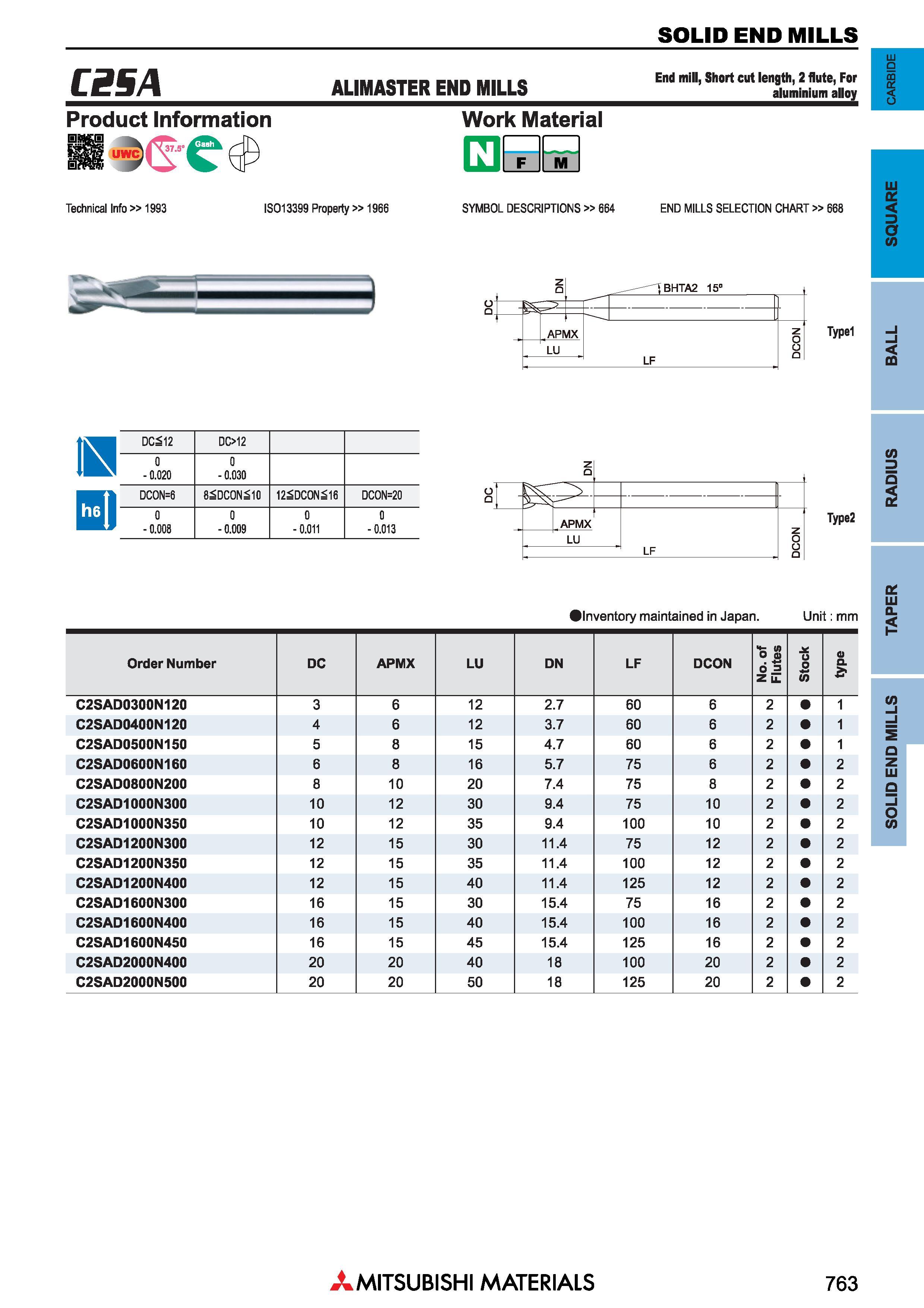 763 Концевые фрезы Mitsubishi Materials по металлу SOLID END MILLS Каталог MITSUBISHI 2018 Инструмент для станков Пластины сменные режущие Фрезы концевые твердосплавные и сборные с СРП Сверла спиральные Резцы токарные Державки Стр. 763