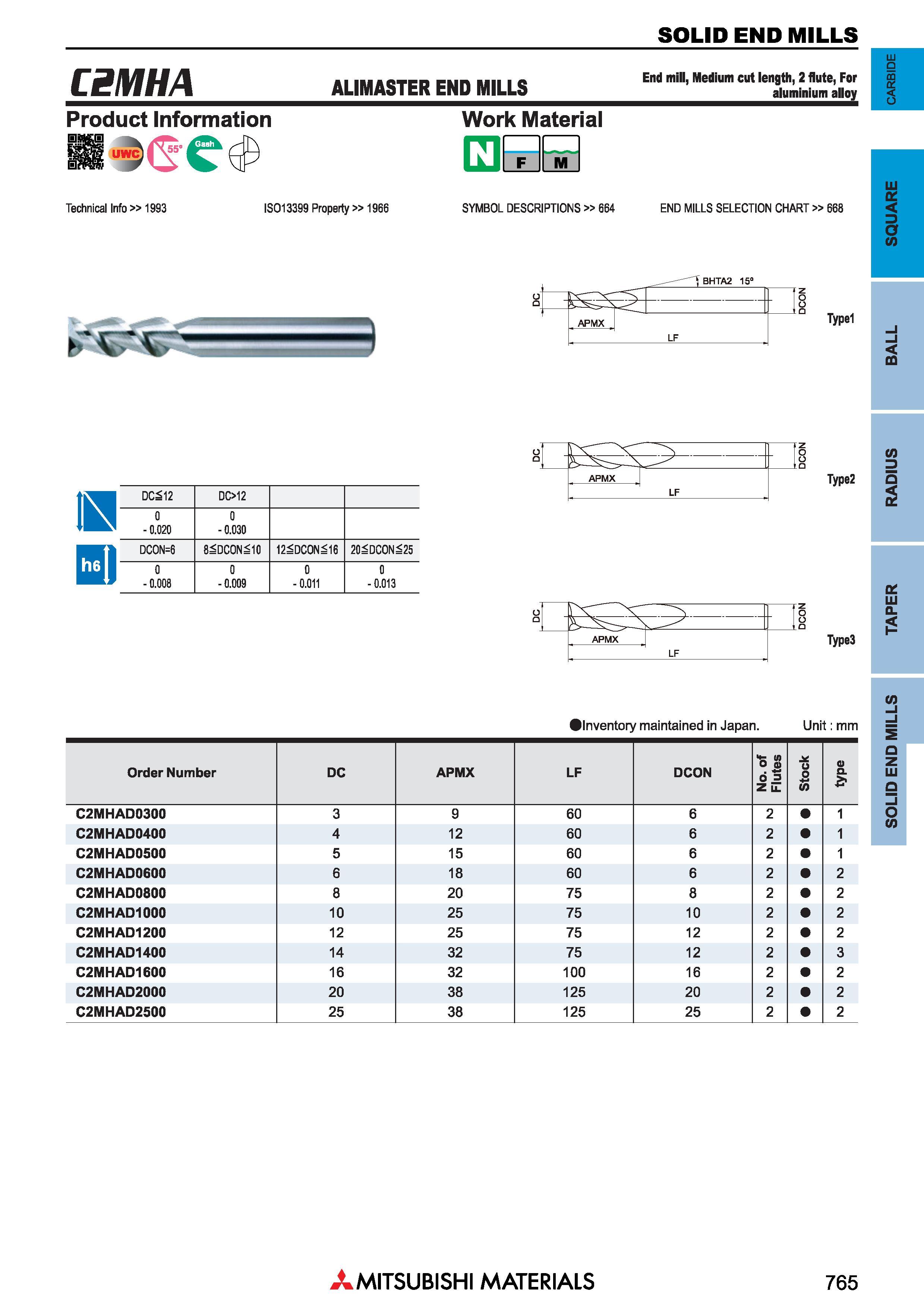 765 Концевые фрезы Mitsubishi Materials по металлу SOLID END MILLS Каталог MITSUBISHI 2018 Инструмент для станков Пластины сменные режущие Фрезы концевые твердосплавные и сборные с СРП Сверла спиральные Резцы токарные Державки Стр. 765