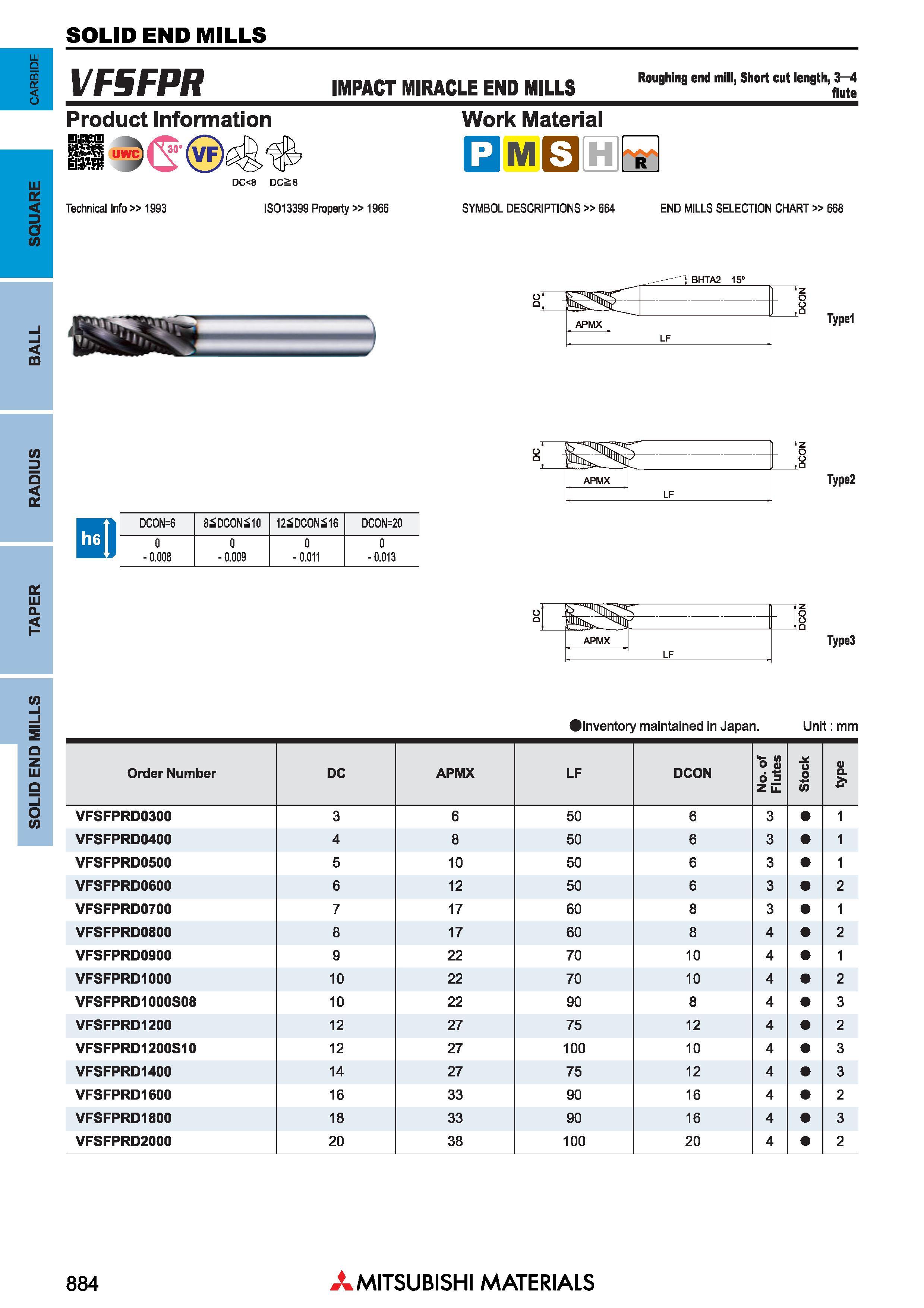 884 Концевые фрезы Mitsubishi Materials по металлу SOLID END MILLS Каталог MITSUBISHI 2018 Инструмент для станков Пластины сменные режущие Фрезы концевые твердосплавные и сборные с СРП Сверла спиральные Резцы токарные Державки Стр. 884