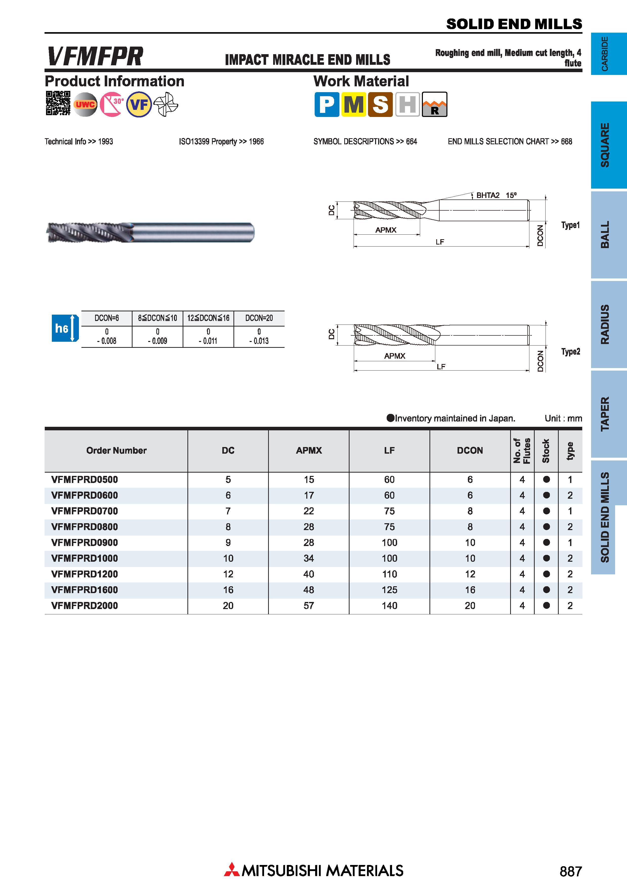 887 Концевые фрезы Mitsubishi Materials по металлу SOLID END MILLS Каталог MITSUBISHI 2018 Инструмент для станков Пластины сменные режущие Фрезы концевые твердосплавные и сборные с СРП Сверла спиральные Резцы токарные Державки Стр. 887