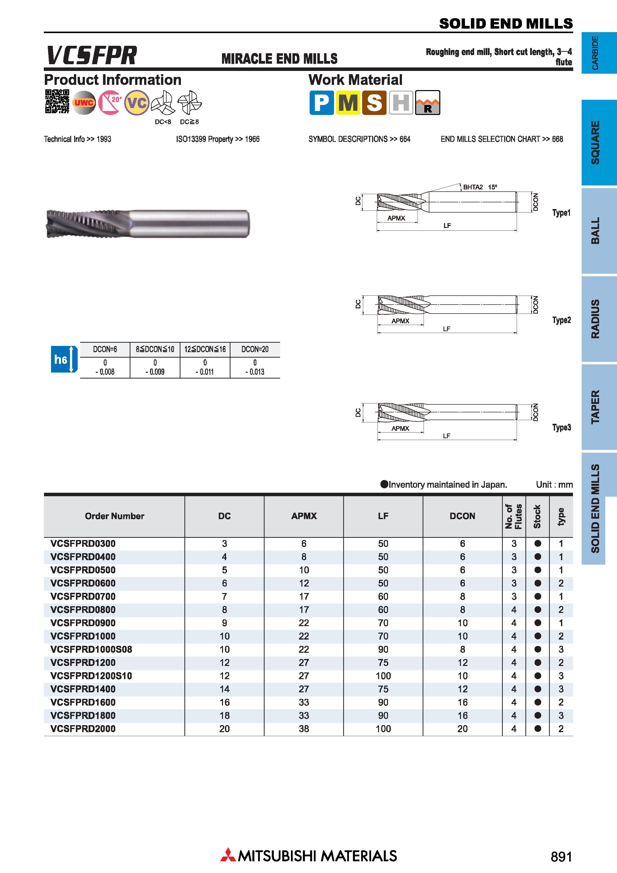 891 Концевые фрезы Mitsubishi Materials по металлу SOLID END MILLS Каталог MITSUBISHI 2018 Инструмент для станков Пластины сменные режущие Фрезы концевые твердосплавные и сборные с СРП Сверла спиральные Резцы токарные Державки Стр. 891