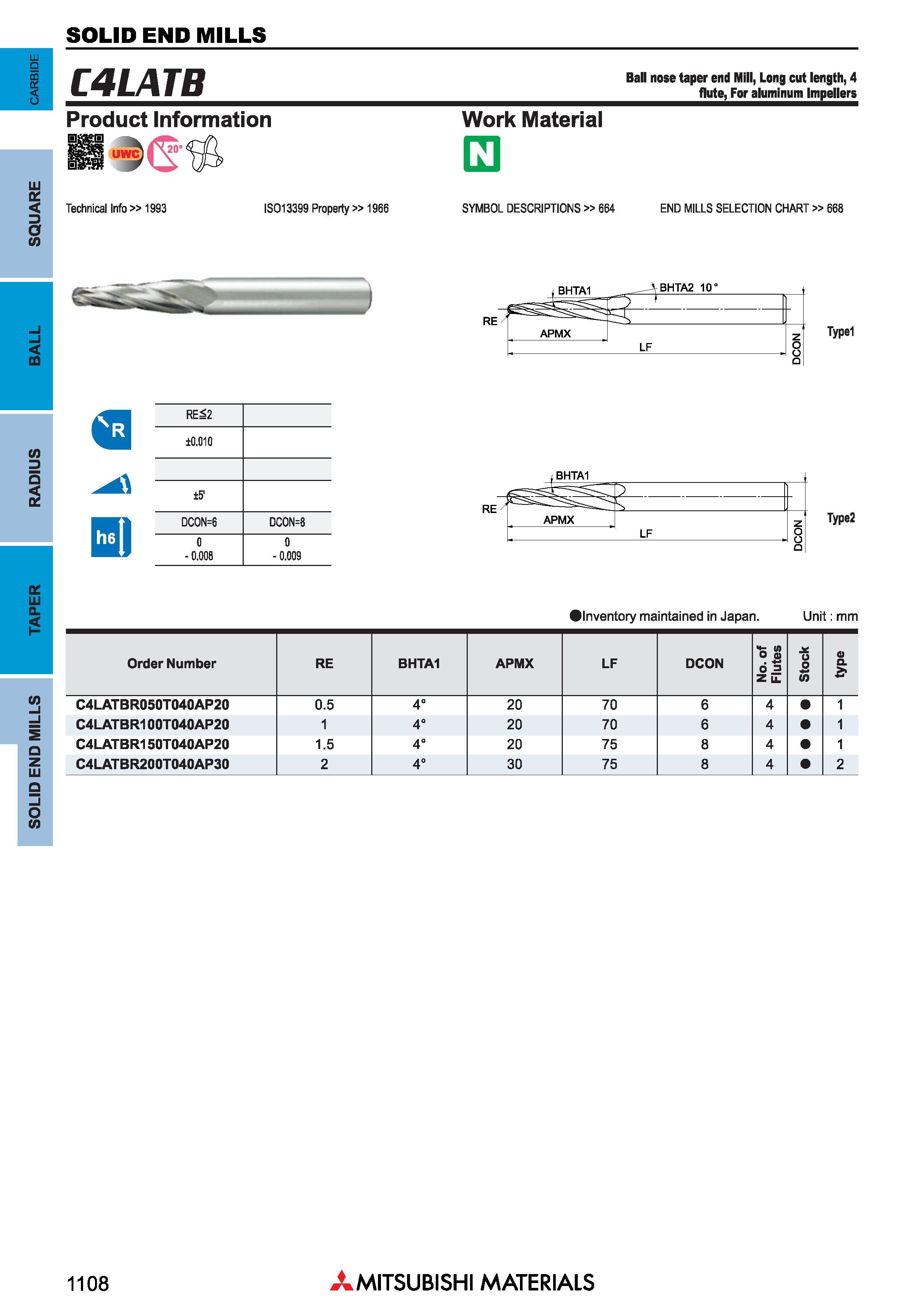 1108 Концевые фрезы Mitsubishi Materials по металлу SOLID END MILLS Каталог MITSUBISHI 2018 Инструмент для станков Пластины сменные режущие Фрезы концевые твердосплавные и сборные с СРП Сверла спиральные Резцы токарные Державки Стр. 1108
