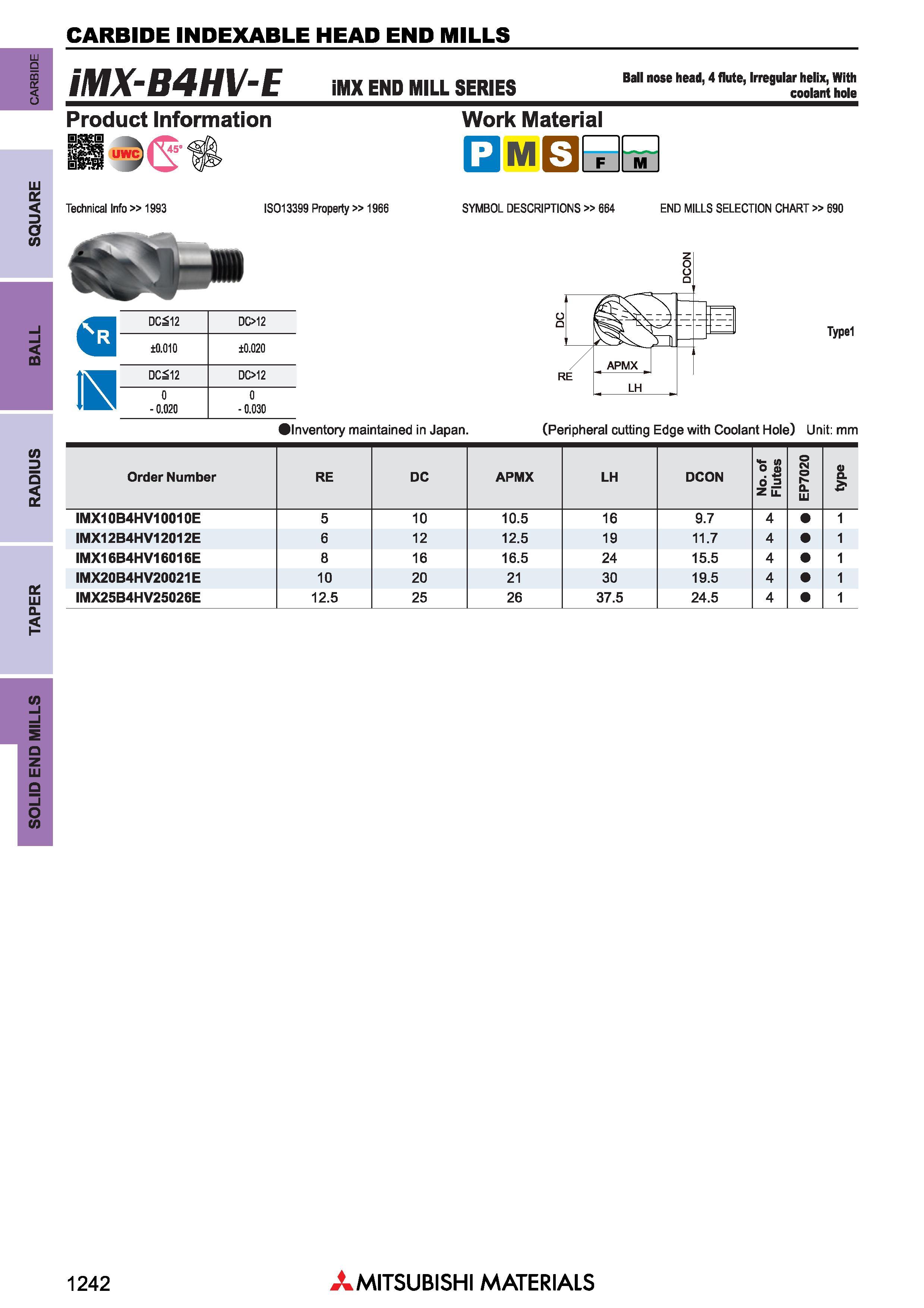 1242 TAPER RADIUS BALL SQUARE carbide carbide indexable head end mills iMX-B4HV-E iMX END MILL SERIES Ball nose head, 4 flute, Irregular helix, With c Каталог MITSUBISHI 2018 Инструмент для станков Пластины сменные режущие Фрезы концевые твердосплавные и сборные с СРП Сверла спиральные Резцы токарные Державки Стр. 1242