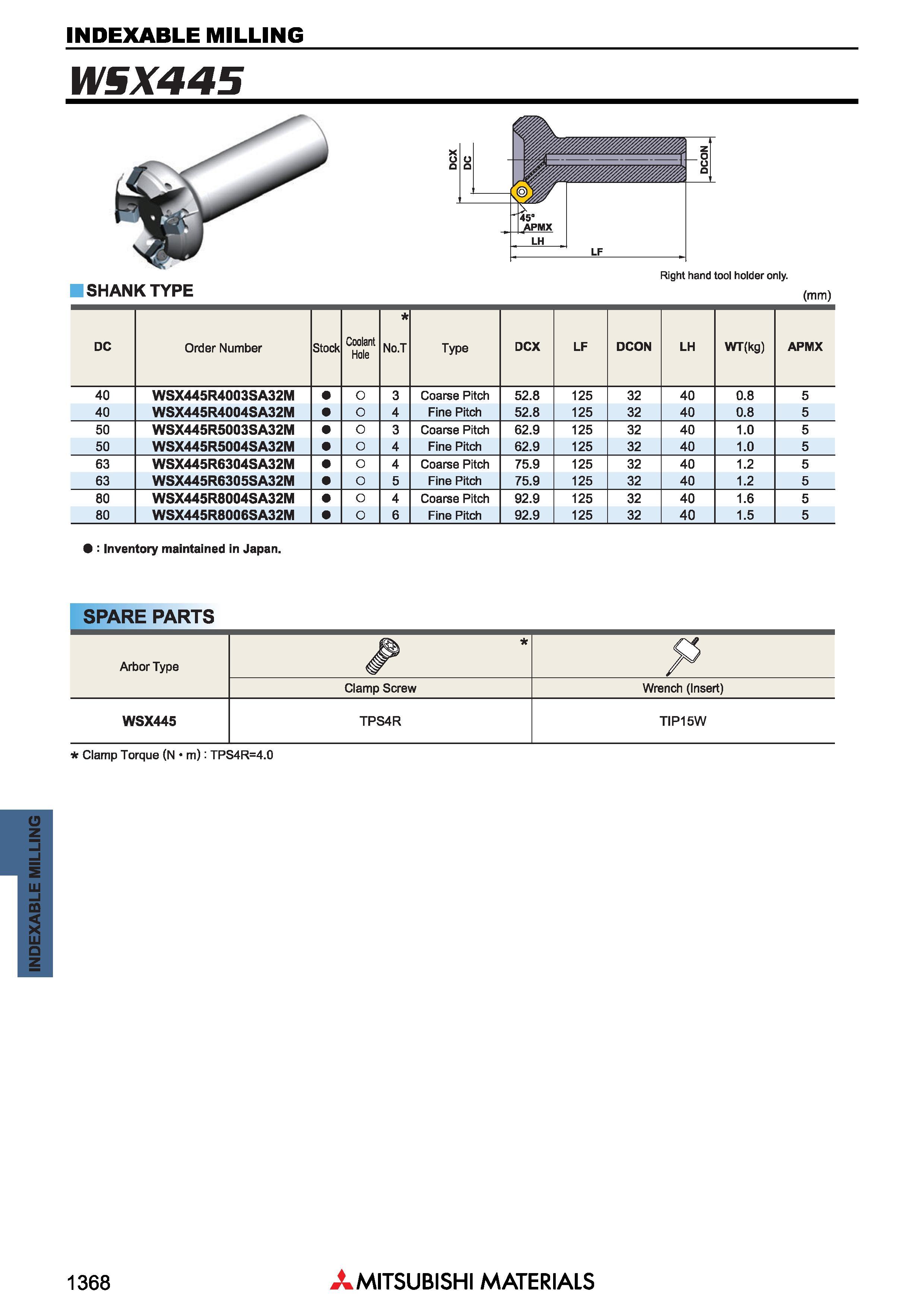 1368 Фрезы Mitsubishi со сменными режущими пластинами INDEXABLE MILLING Каталог MITSUBISHI 2018 Инструмент для станков Пластины сменные режущие Фрезы концевые твердосплавные и сборные с СРП Сверла спиральные Резцы токарные Державки Стр. 1368