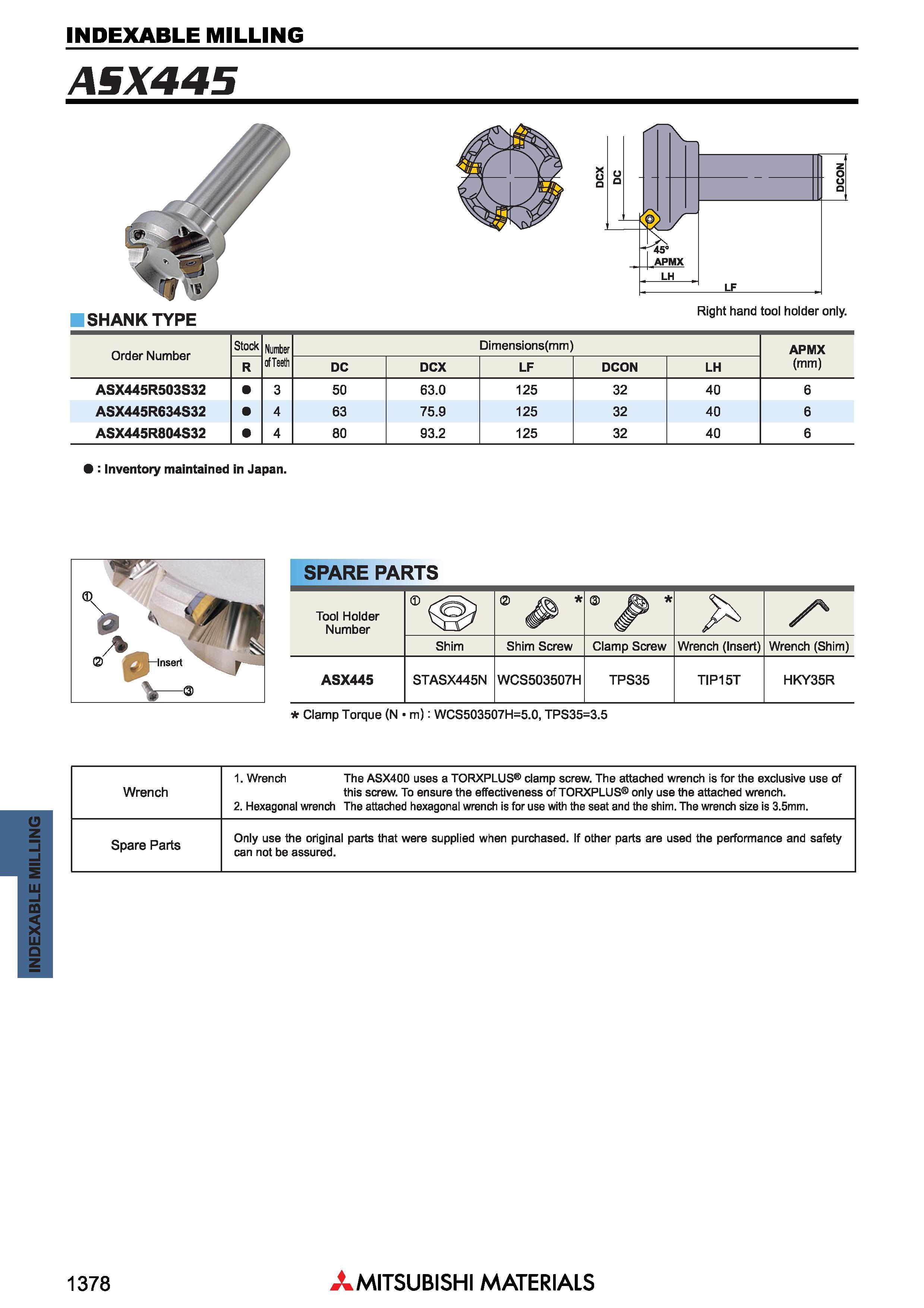 1378 Фрезы Mitsubishi со сменными режущими пластинами INDEXABLE MILLING Каталог MITSUBISHI 2018 Инструмент для станков Пластины сменные режущие Фрезы концевые твердосплавные и сборные с СРП Сверла спиральные Резцы токарные Державки Стр. 1378
