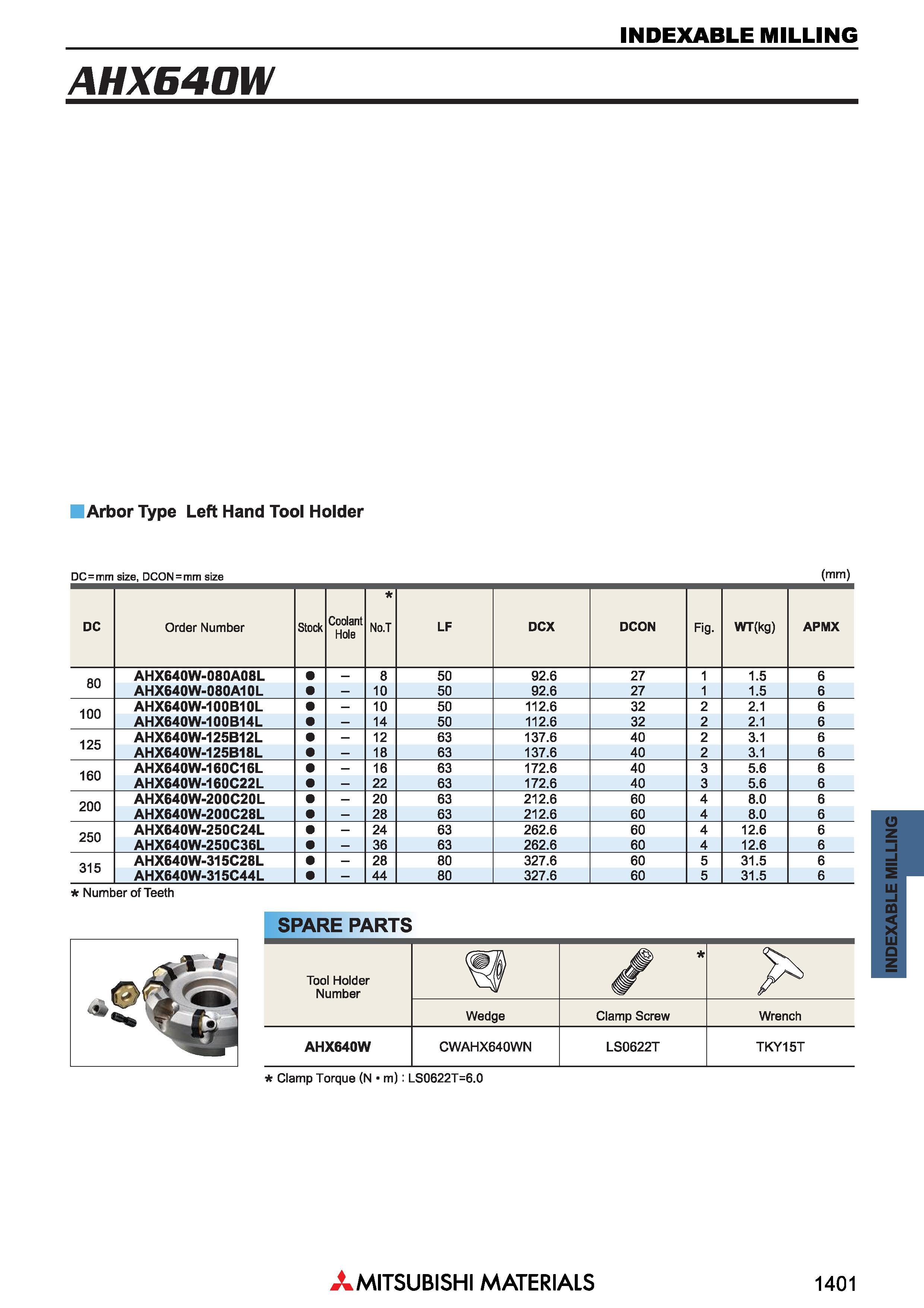 1401 AHX640W Фрезы Mitsubishi со сменными режущими пластинами INDEXABLE MILLING Каталог MITSUBISHI 2018 Инструмент для станков Пластины сменные режущие Фрезы концевые твердосплавные и сборные с СРП Сверла спиральные Резцы токарные Державки Стр. 1401