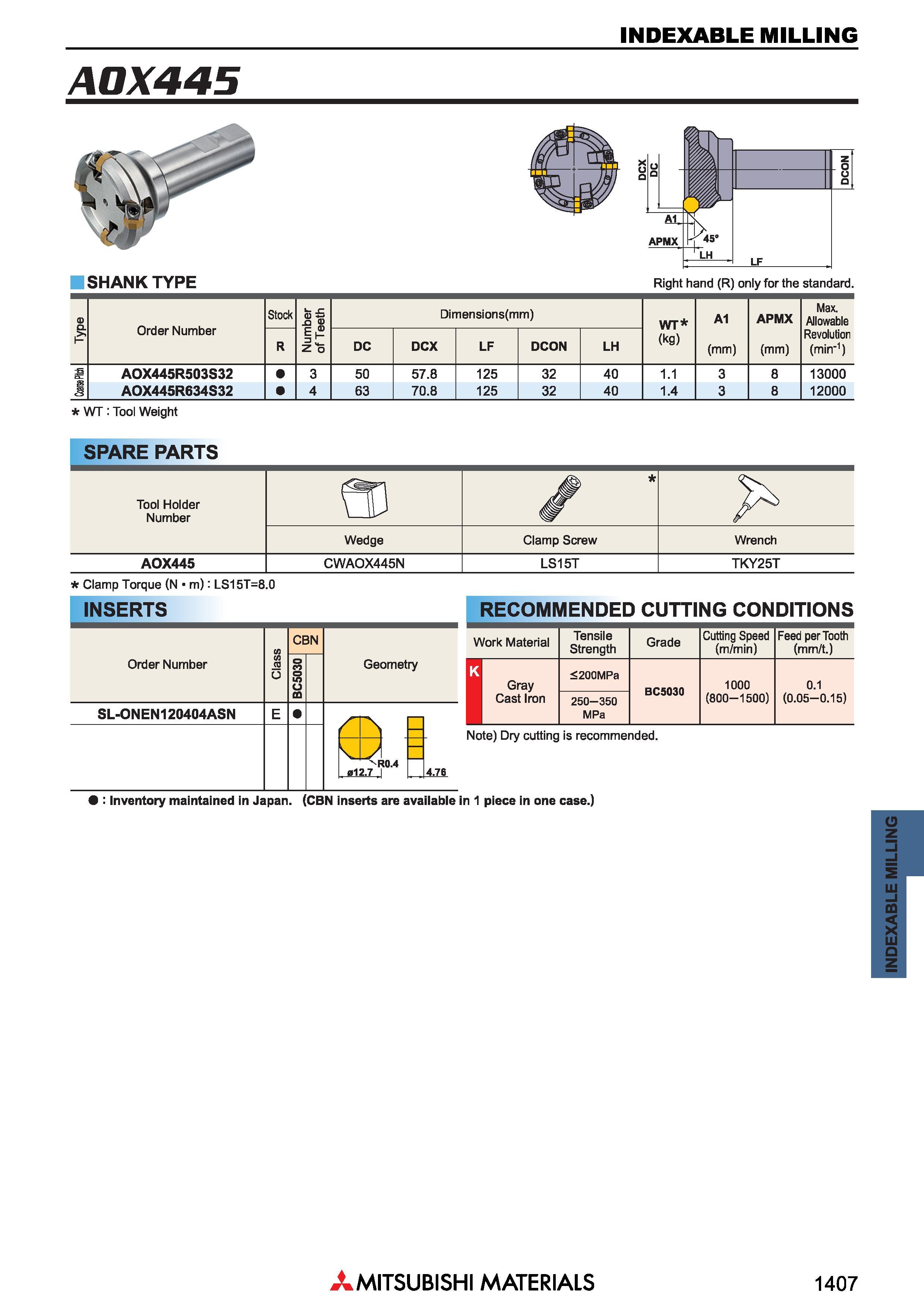 1407 Фрезы Mitsubishi со сменными режущими пластинами INDEXABLE MILLING Каталог MITSUBISHI 2018 Инструмент для станков Пластины сменные режущие Фрезы концевые твердосплавные и сборные с СРП Сверла спиральные Резцы токарные Державки Стр. 1407