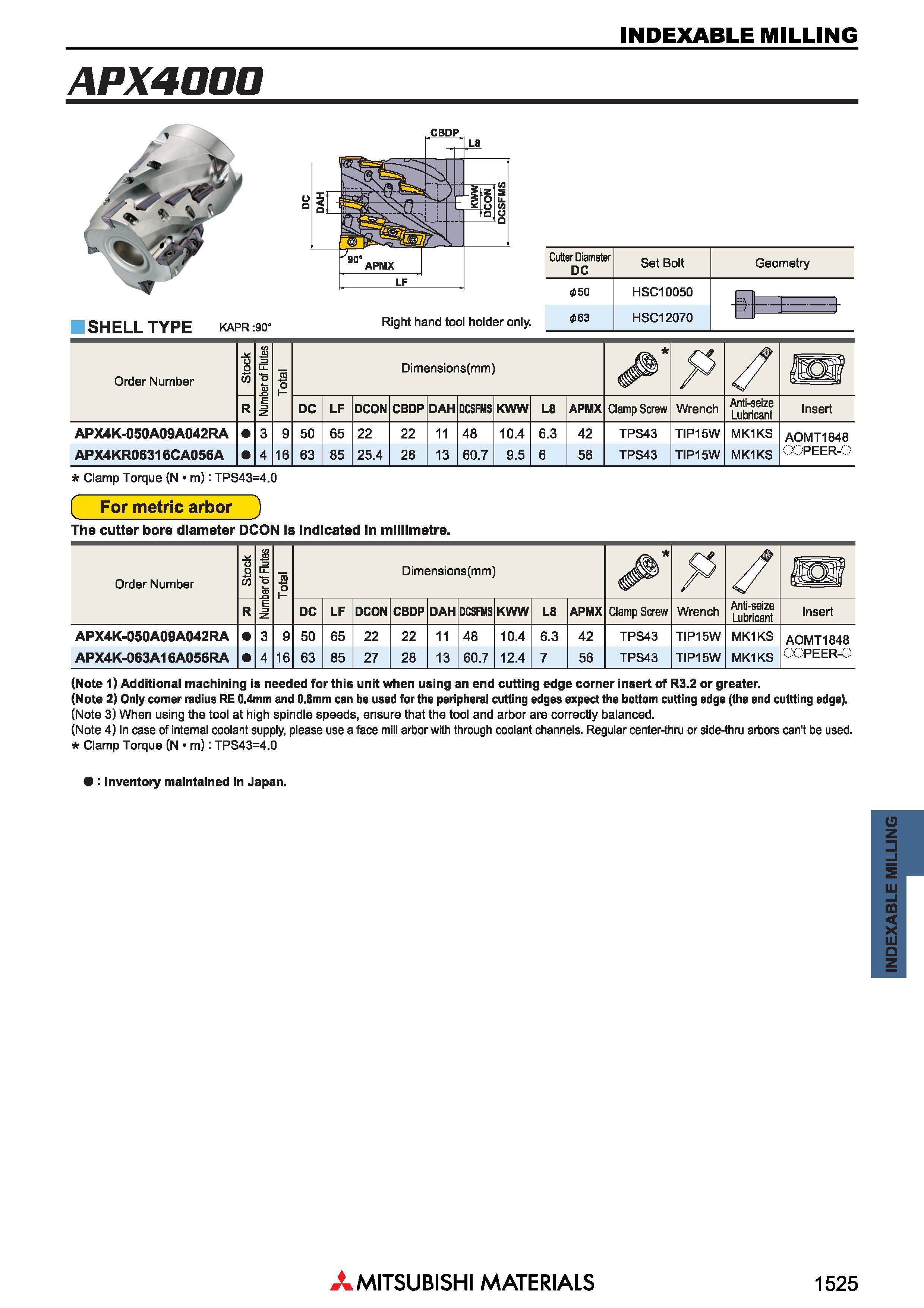 1525 Фрезы Mitsubishi со сменными режущими пластинами INDEXABLE MILLING Каталог MITSUBISHI 2018 Инструмент для станков Пластины сменные режущие Фрезы концевые твердосплавные и сборные с СРП Сверла спиральные Резцы токарные Державки Стр. 1525
