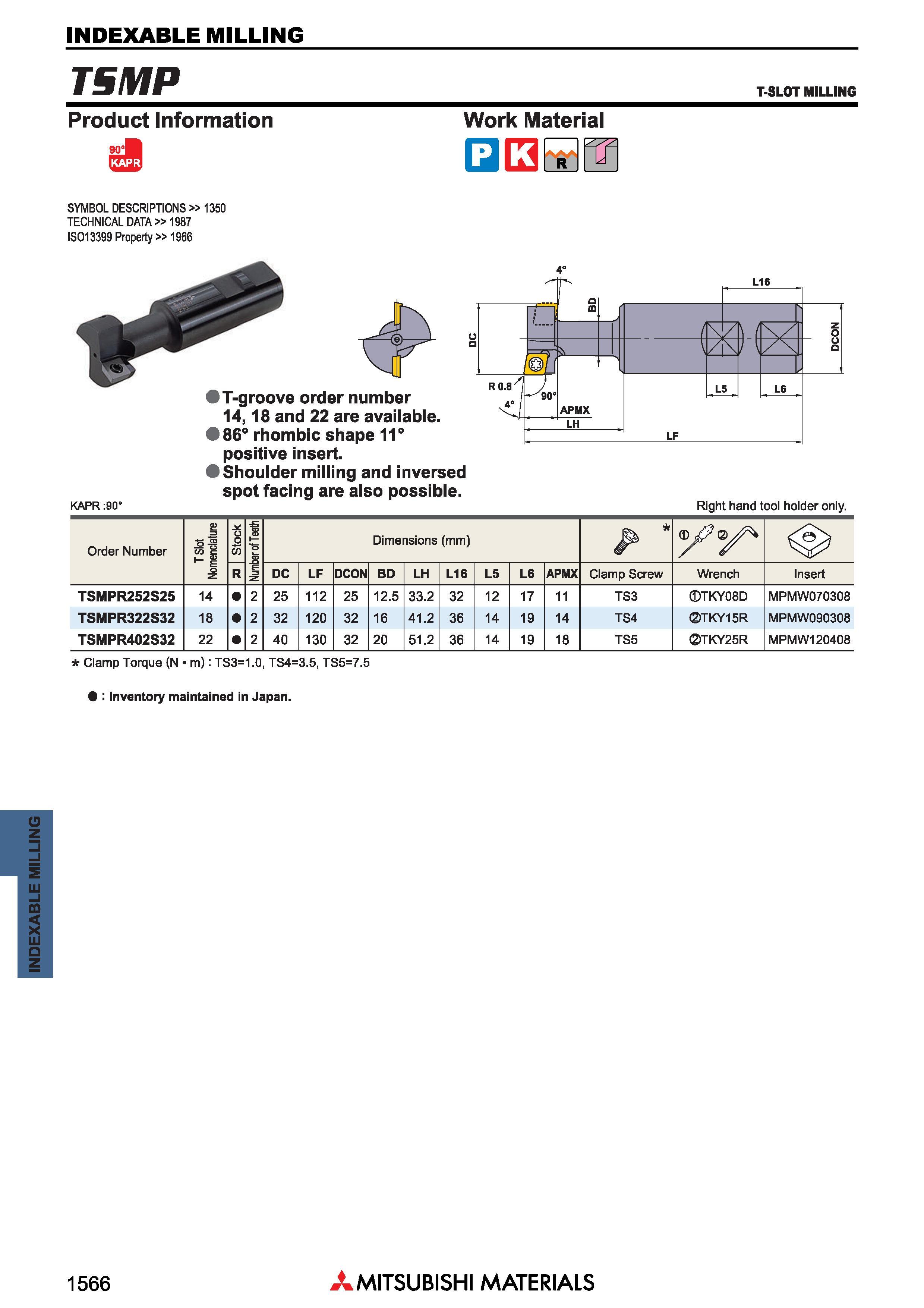 1566 Фрезы Mitsubishi со сменными режущими пластинами INDEXABLE MILLING Каталог MITSUBISHI 2018 Инструмент для станков Пластины сменные режущие Фрезы концевые твердосплавные и сборные с СРП Сверла спиральные Резцы токарные Державки Стр. 1566
