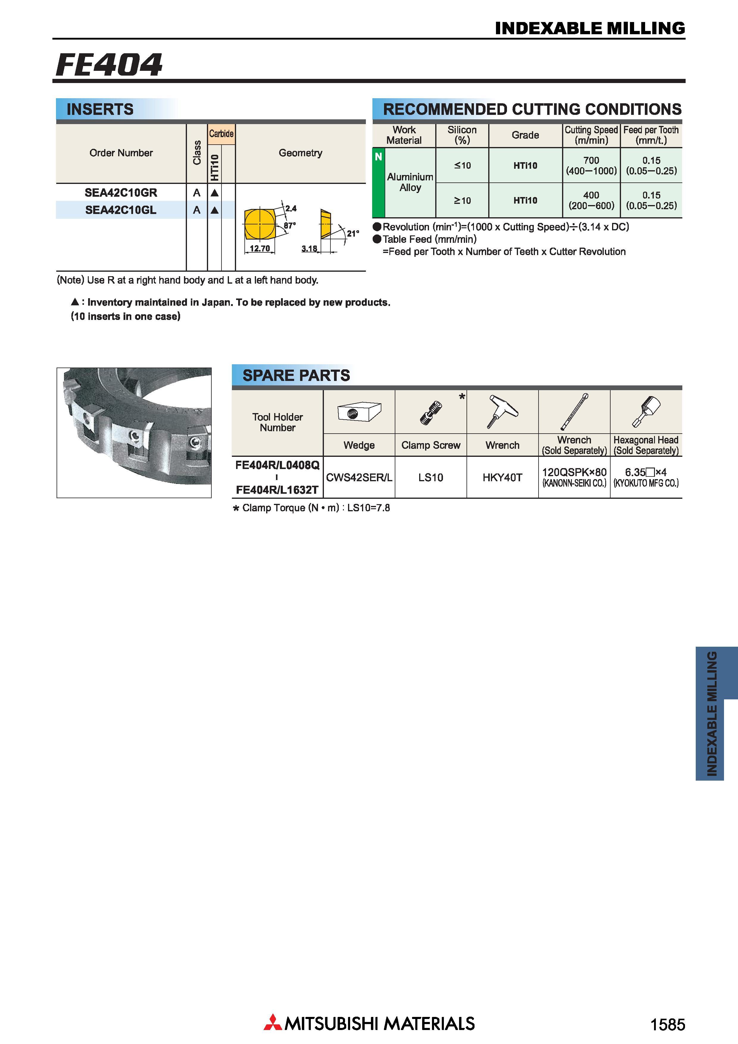 1585 Фрезы Mitsubishi со сменными режущими пластинами INDEXABLE MILLING Каталог MITSUBISHI 2018 Инструмент для станков Пластины сменные режущие Фрезы концевые твердосплавные и сборные с СРП Сверла спиральные Резцы токарные Державки Стр. 1585
