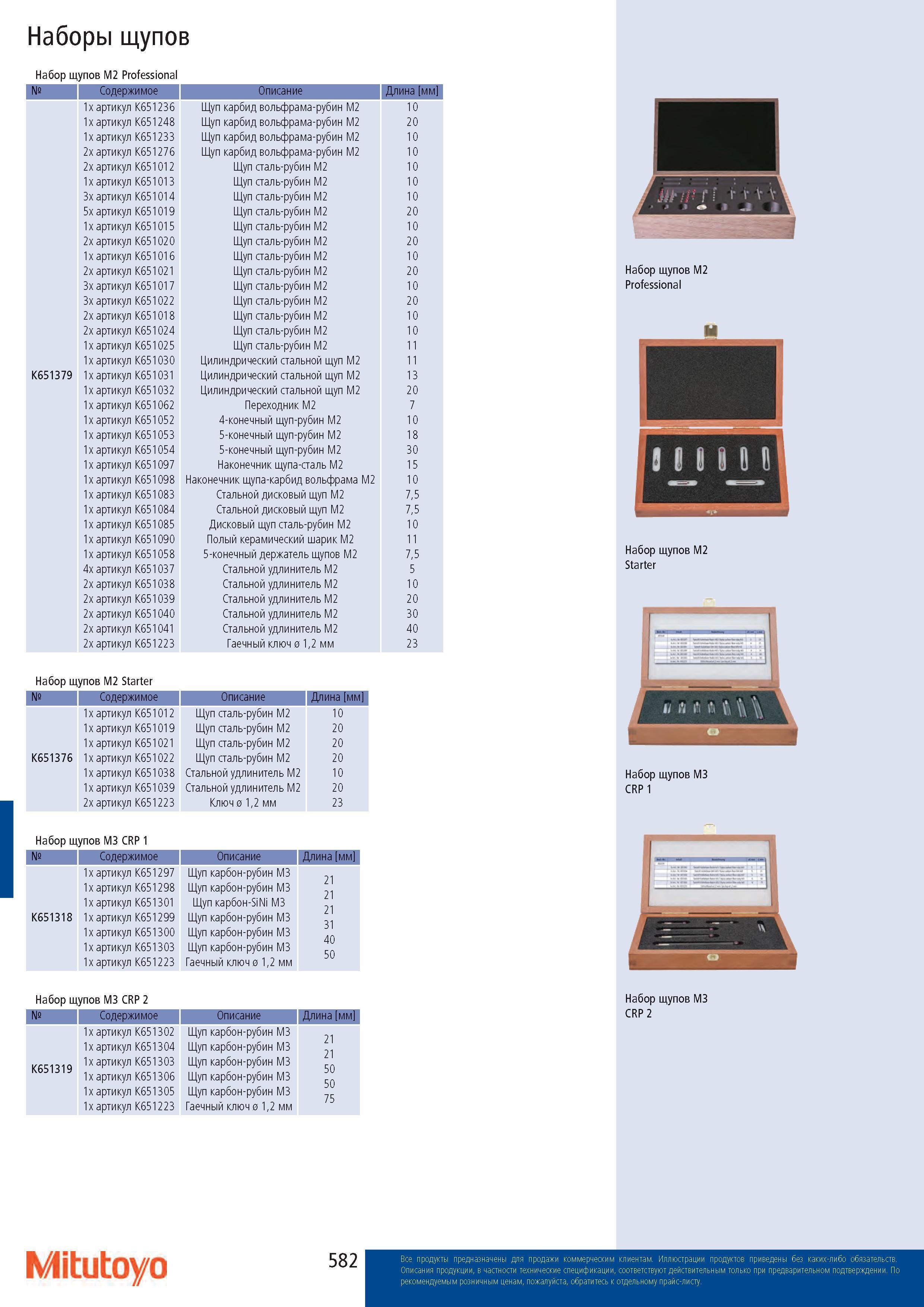 582 Наборы щупов Набор щупов M2 Professional № Содержимое Описание Длина мм 1х артикул K651236 Щуп карбид вольфрама-рубин M2 10 1х артикул K651248 Щуп карб Каталог MITUTOYO 2017 Инструмент измерительный Микрометры цифровые и механические Штангенциркули стандартные и специальные Индикаторы Индикаторные головки Приборы из Японии Стр. 582