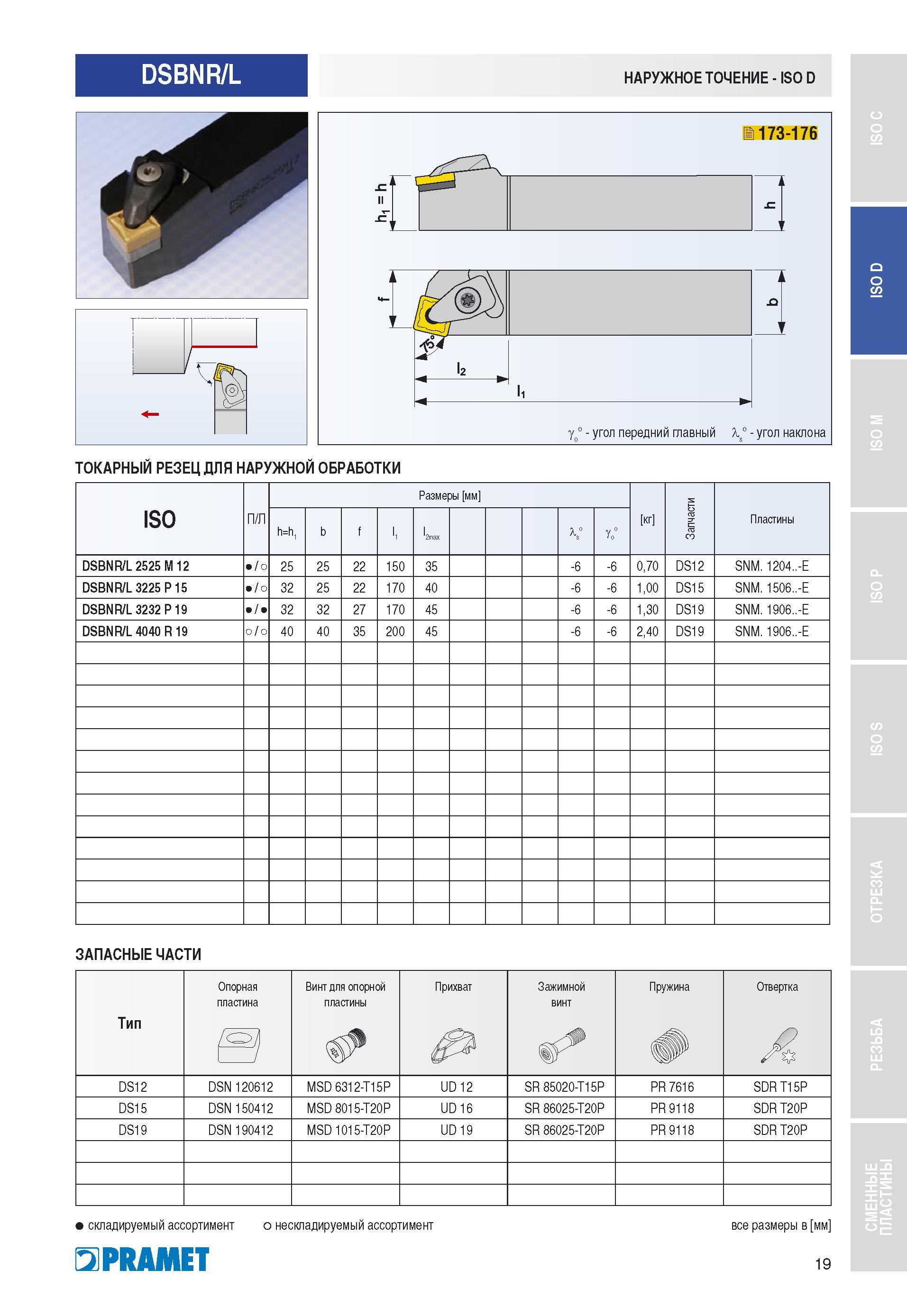 20 DSBNR/L НАРУЖНОЕ ТОЧЕНИЕ - ISO D 173-176 Y ° - угол передний главный X ° - угол наклона ТОКАРНЫЙ РЕЗЕЦ ДЛЯ НАРУЖНОЙ ОБРАБОТКИ ISO П/Л Размеры мм Каталог PRAMET 2010 Токарный инструмент со сменными режущими неперетачиваемыми пластинами для наружного точения и внутреннего растачивания на металлорежущих станках Стр. 19