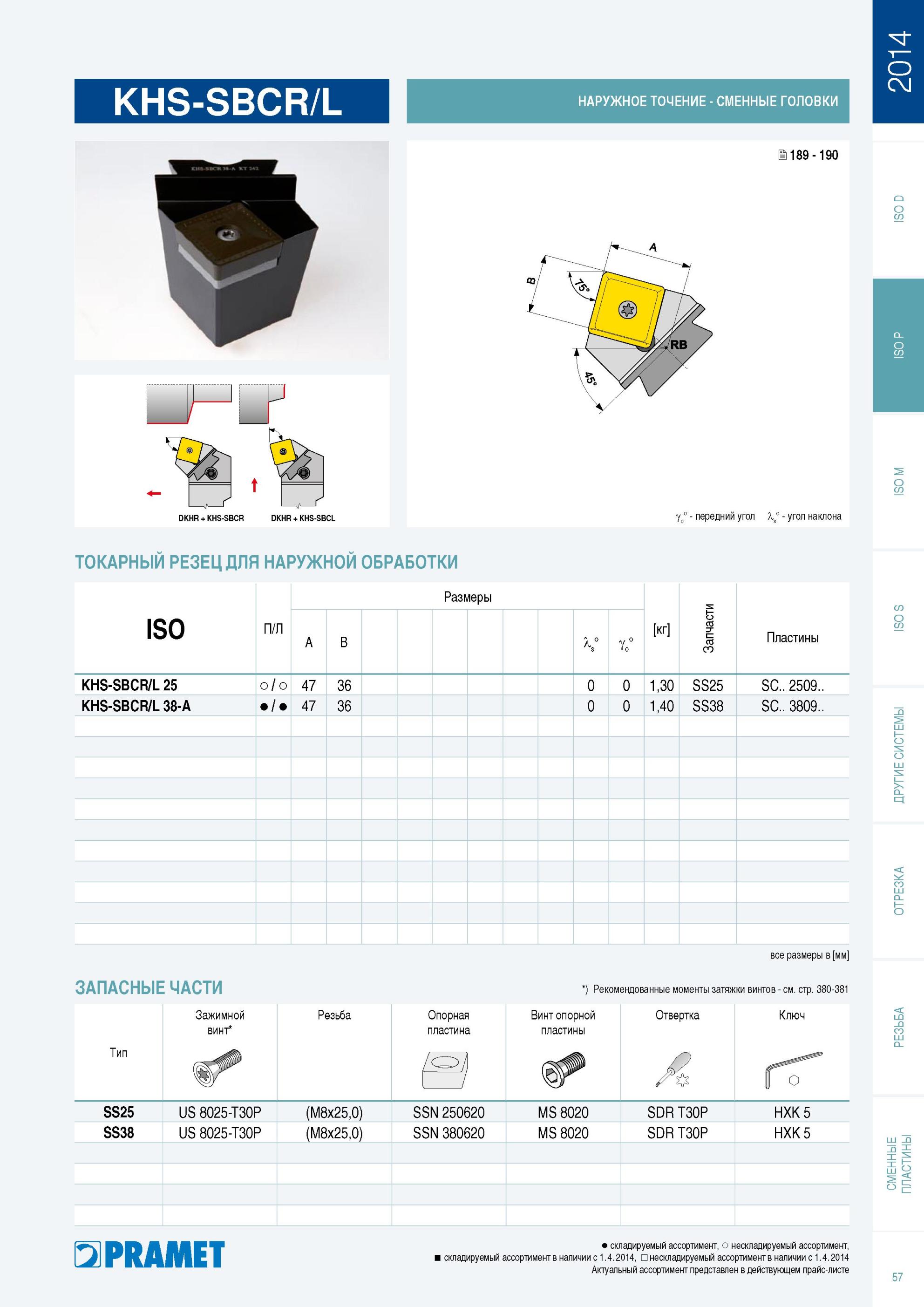 58 Токарный резец Pramet для наружной токарной обработки на станках Правого и левого исполнений Размеры Каталог PRAMET 2014 на русском языке Токарная обработка Точение Отрезка Обработка канавок Нарезание резьбы Стр. 57