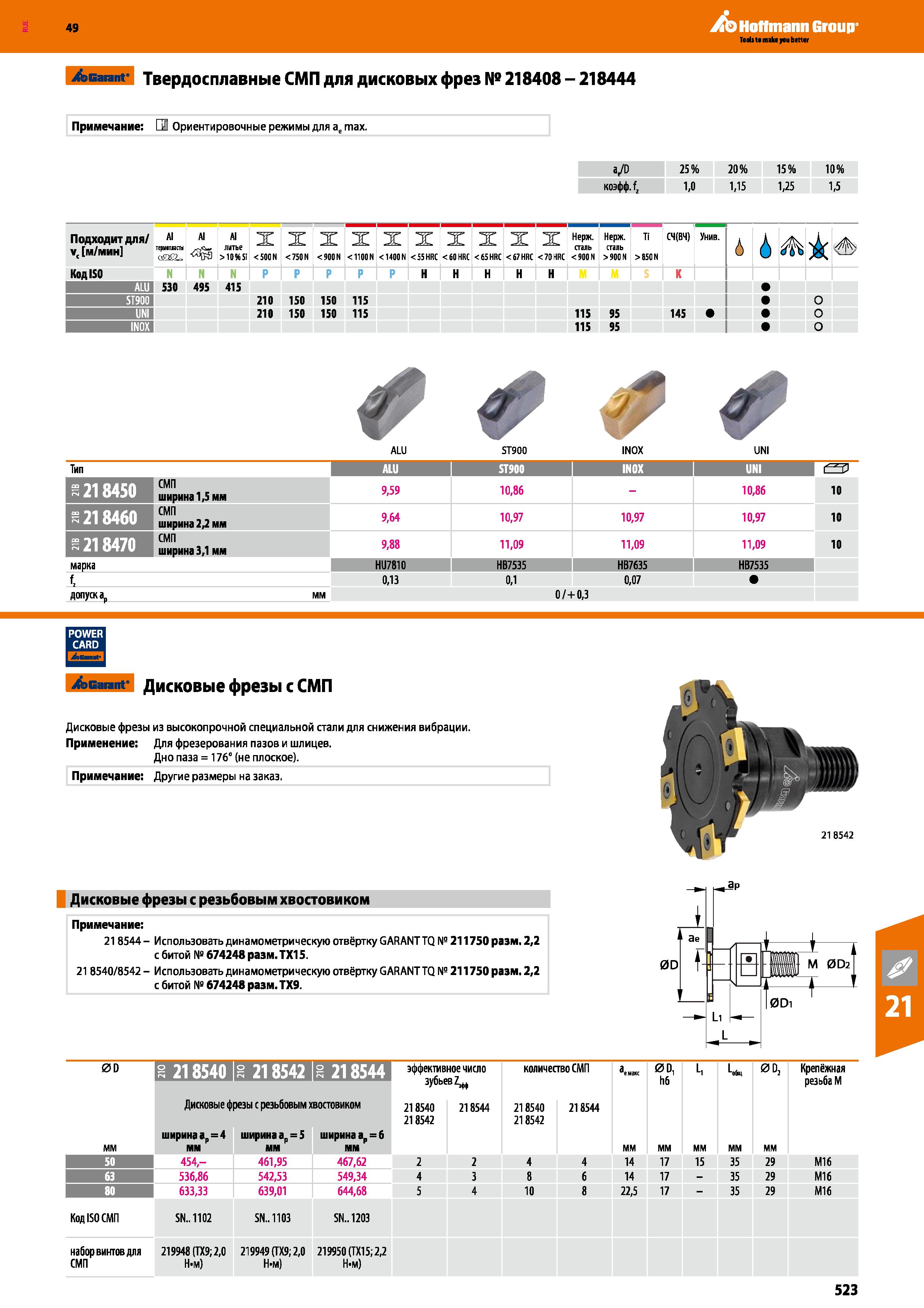 523 Hoffmann Group эвагапг Твердосплавные СМП для дисковых фрез № 218408 - 218444 Примечание: Ориентировочные режимы для ае max iJO 25% 2 Каталог HOFFMANN GROUP 2018 Профессиональный режущий и вспомогательный инструмент для промышленного оборудования Сверла Фрезы Метчики Державки Стр. 523