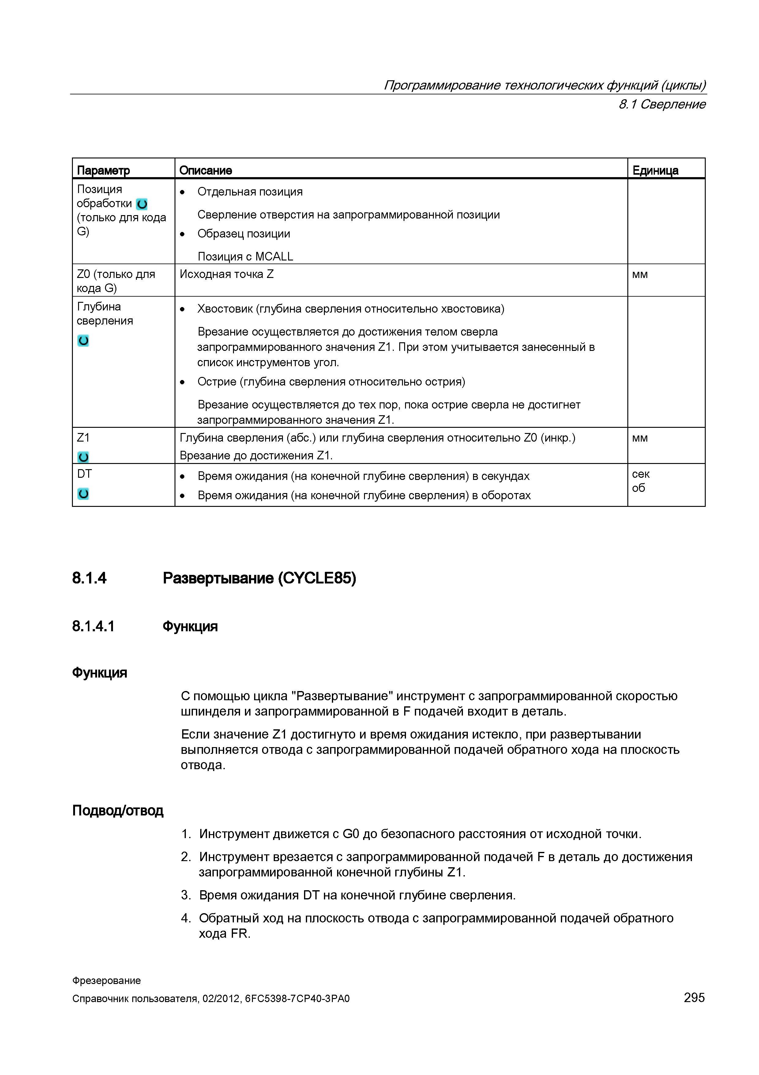 295 Программирование технологических функций (циклы) 8 1 Сверление Параметр Описание Единица Позиция обработки и (только для кода G) Отдельная п Справочник пользователя SIEMENS 840D sl 828D SINUMERIK Фрезерная обработка Системы числового программного управления станками СЧПУ Версия 2012 Стр. 295