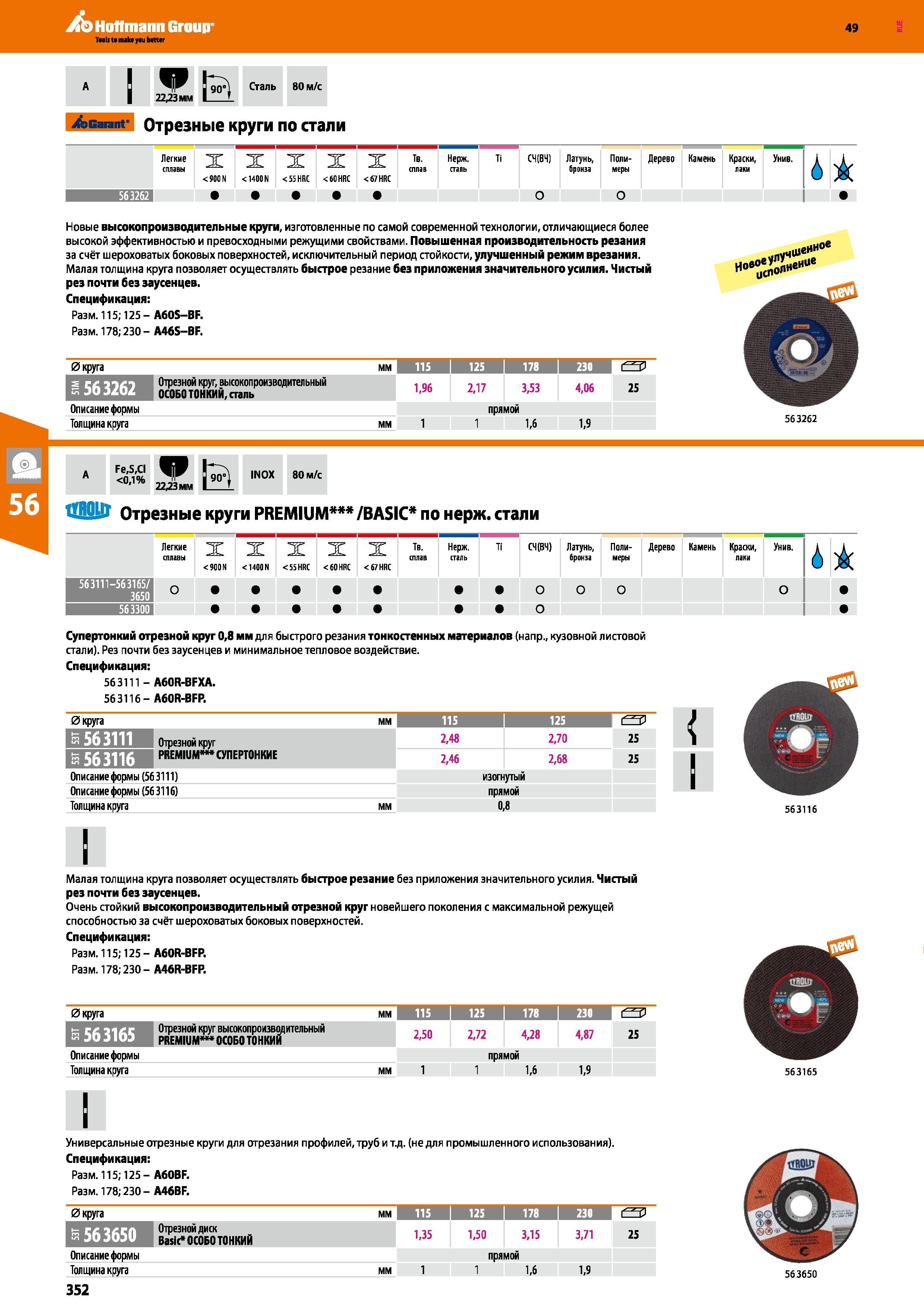 352 Acarant' Отрезные круги по стали Легкие сплавы <900 N X < 1400 N X <55 HRC X < 60 HRC X < 67 HRC Тв сплав Нержавеющая сталь Ti СН(ВН) Латунь Каталог HOFFMANN GROUP 2018 Инструмент ручной Слесарный и механизированный Измерительные приборы и инструменты Производственный инвентарь Стр. 352