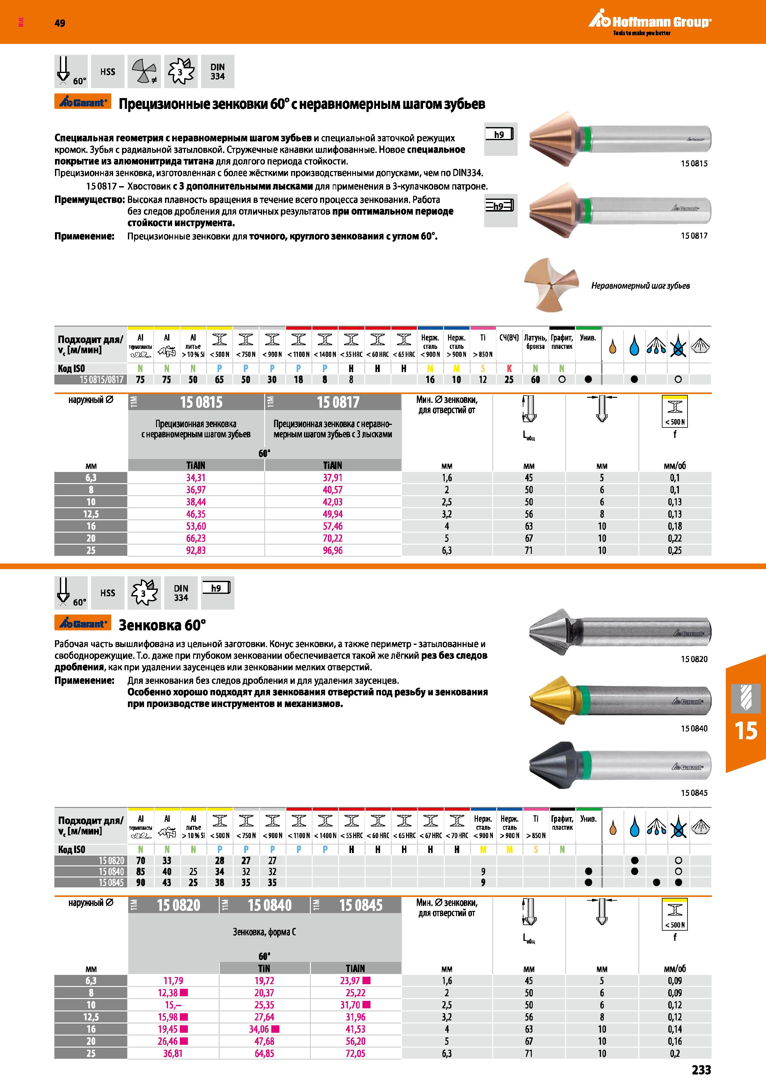 233 Hoffmann Group HSS 60° DIN 334 Garant Прецизионные зенковки 60° с неравномерным шагомзубьев Специальная геометрия с неравномерным шаг Каталог HOFFMANN GROUP 2018 Профессиональный режущий и вспомогательный инструмент для промышленного оборудования Сверла Фрезы Метчики Державки Стр. 233