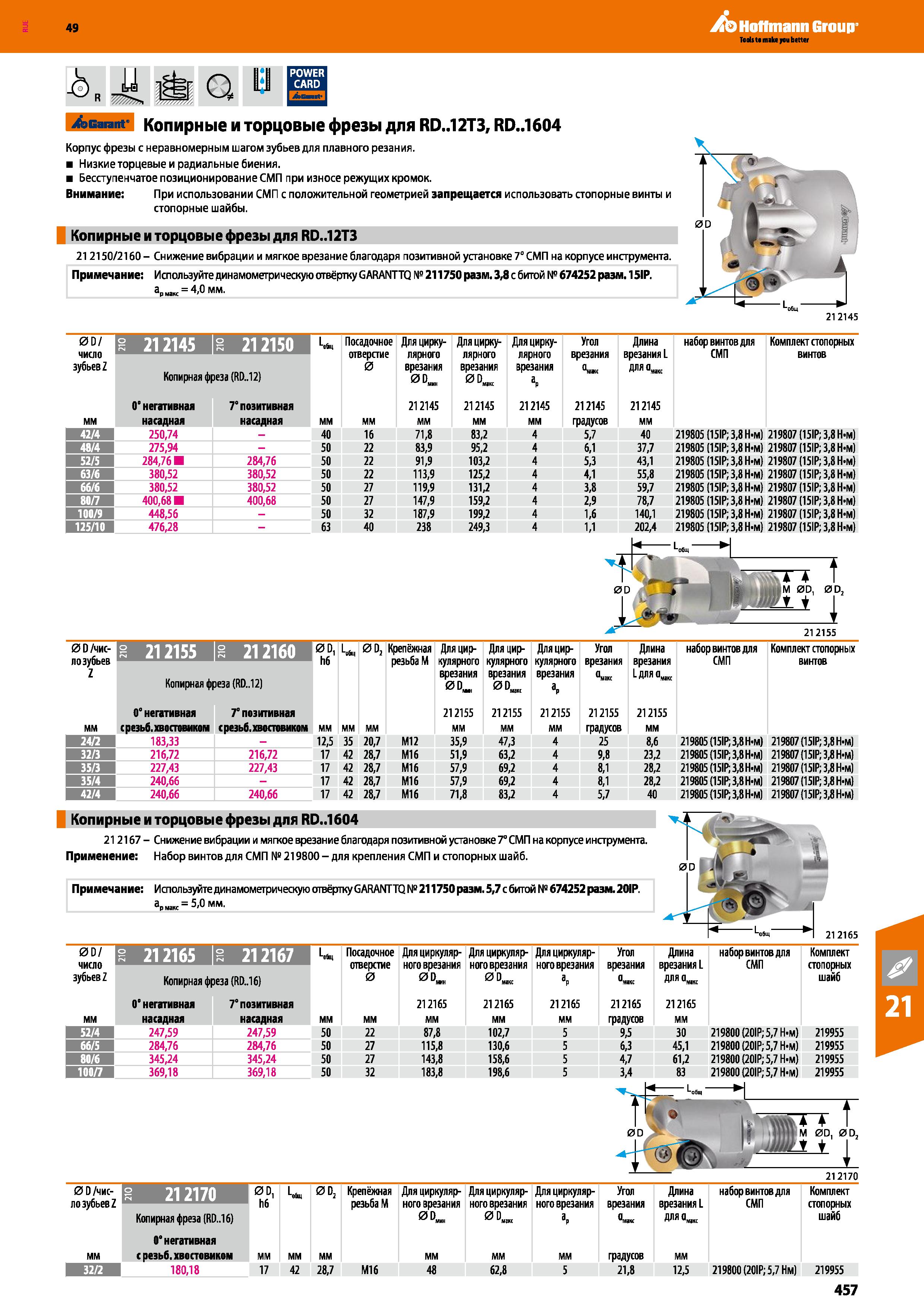 457 Копирные и торцовые фрезы для RD 12T3, RD 1604 Корпус фрезы с неравномерным шагом зубьев для плавного резания _ Каталог HOFFMANN GROUP 2018 Профессиональный режущий и вспомогательный инструмент для промышленного оборудования Сверла Фрезы Метчики Державки Стр. 457