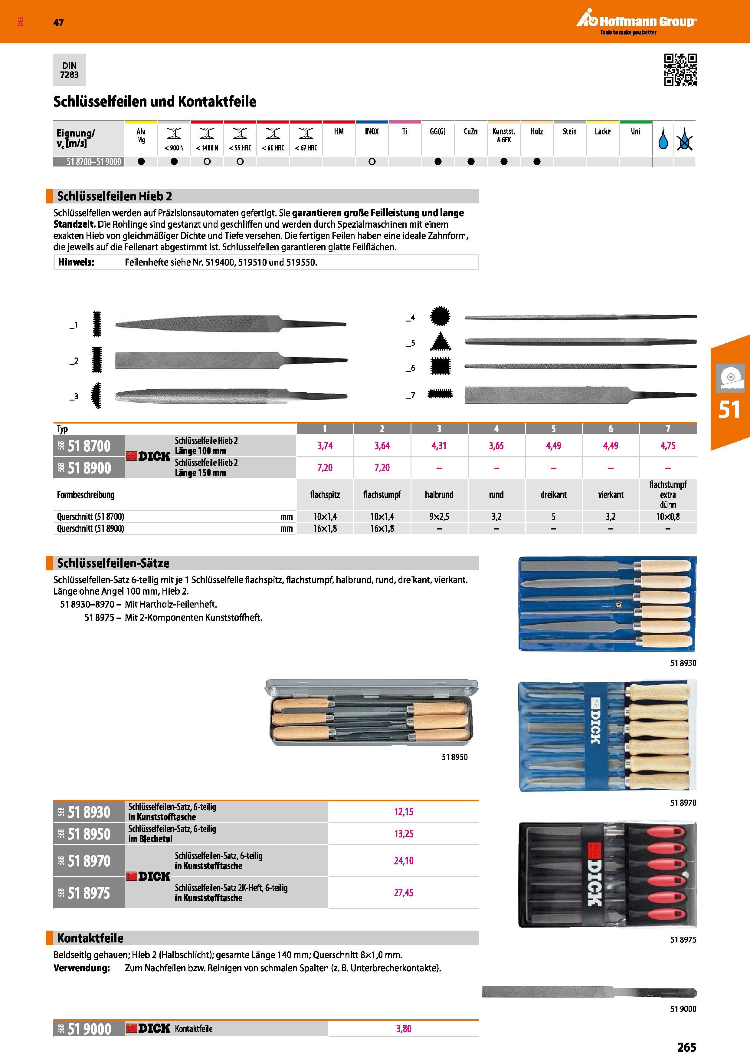 265 DIN 7283 Schlüsselfeilen und Kontaktfeile Eignung/ v, m/s Alu Mg X < 90C N X < 1400 N X HM <55 HRC < 60 HRC <67 HRC INOX Ti seid CuZn Kunstst Hol Каталог HOFFMANN GROUP 2016 Ручной слесарно-монтажный и контрольно-измерительный инструмент и приборы для предприятий машиностроения и мастерских сервисного обслуживания 47 версия издания Стр. 265 DEU