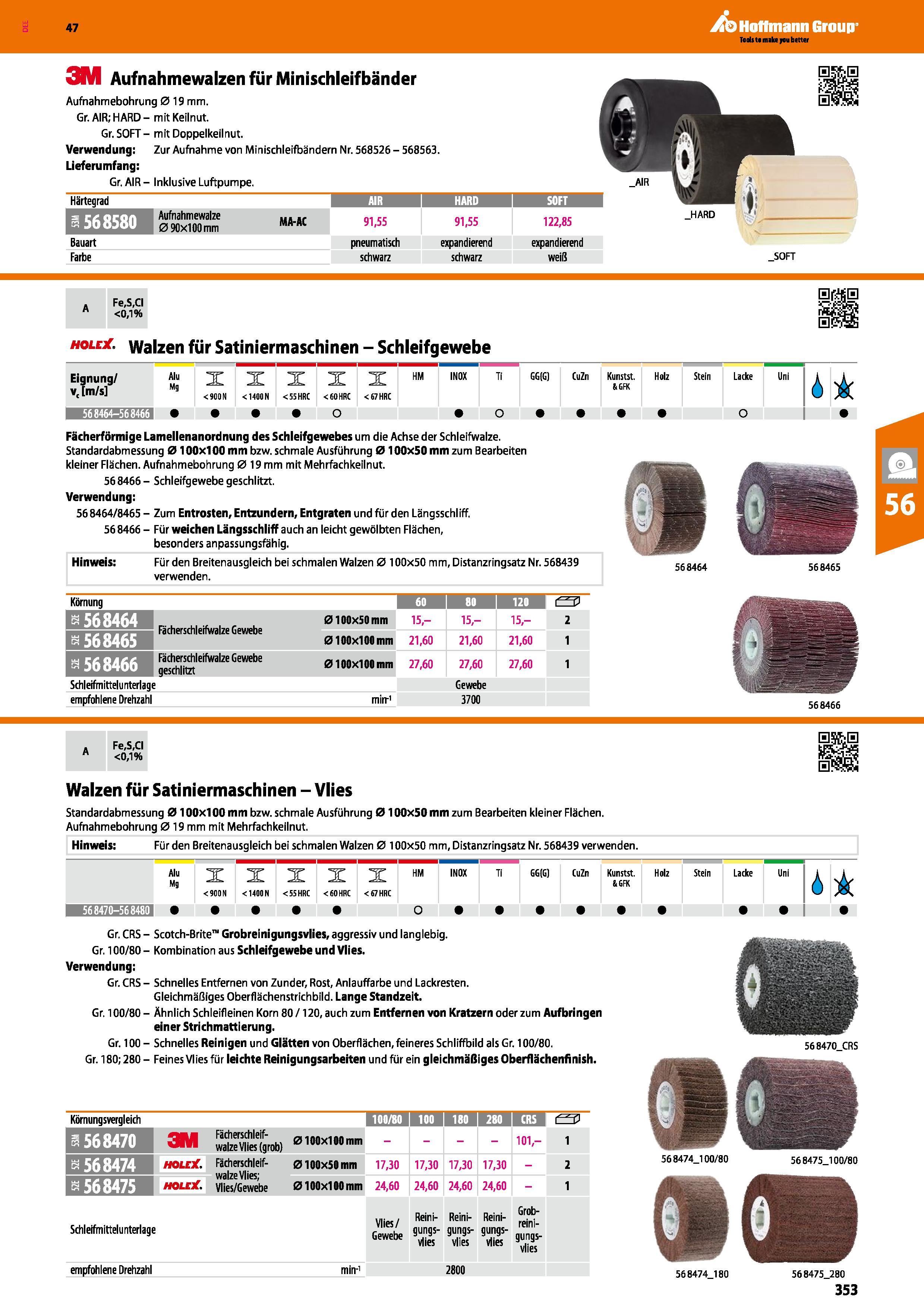 353 3M Aufnahmewalzen für Minischleifbänder Aufnahmebohrung 019 mm Gr AIR; HARD - mit Keilnut Gr SOFT - mit Doppelkeilnut Verwendung Zur Aufnahme von Каталог HOFFMANN GROUP 2016 Ручной слесарно-монтажный и контрольно-измерительный инструмент и приборы для предприятий машиностроения и мастерских сервисного обслуживания 47 версия издания Стр. 353 DEU