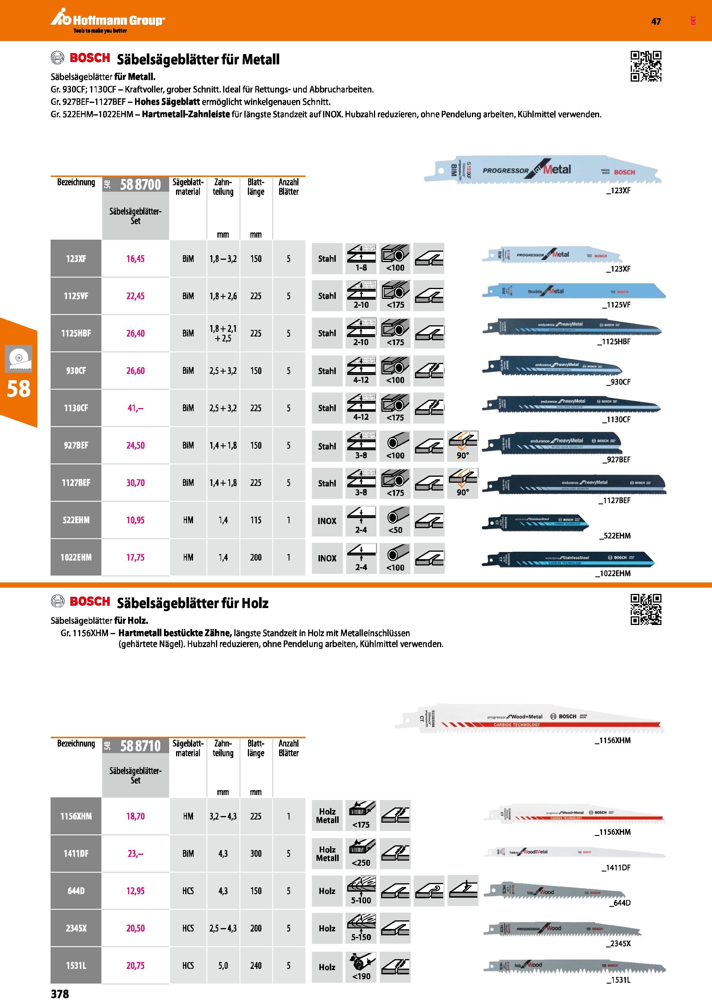 378 BOSCH Säbelsägeblätter für Metall Säbelsägeblätter für Metall Gr 930CF; 1130CF - Kraftvoller, grober Schnitt Ideal für Rettungs- und Abbrucharbei Каталог HOFFMANN GROUP 2016 Ручной слесарно-монтажный и контрольно-измерительный инструмент и приборы для предприятий машиностроения и мастерских сервисного обслуживания 47 версия издания Стр. 378 DEU