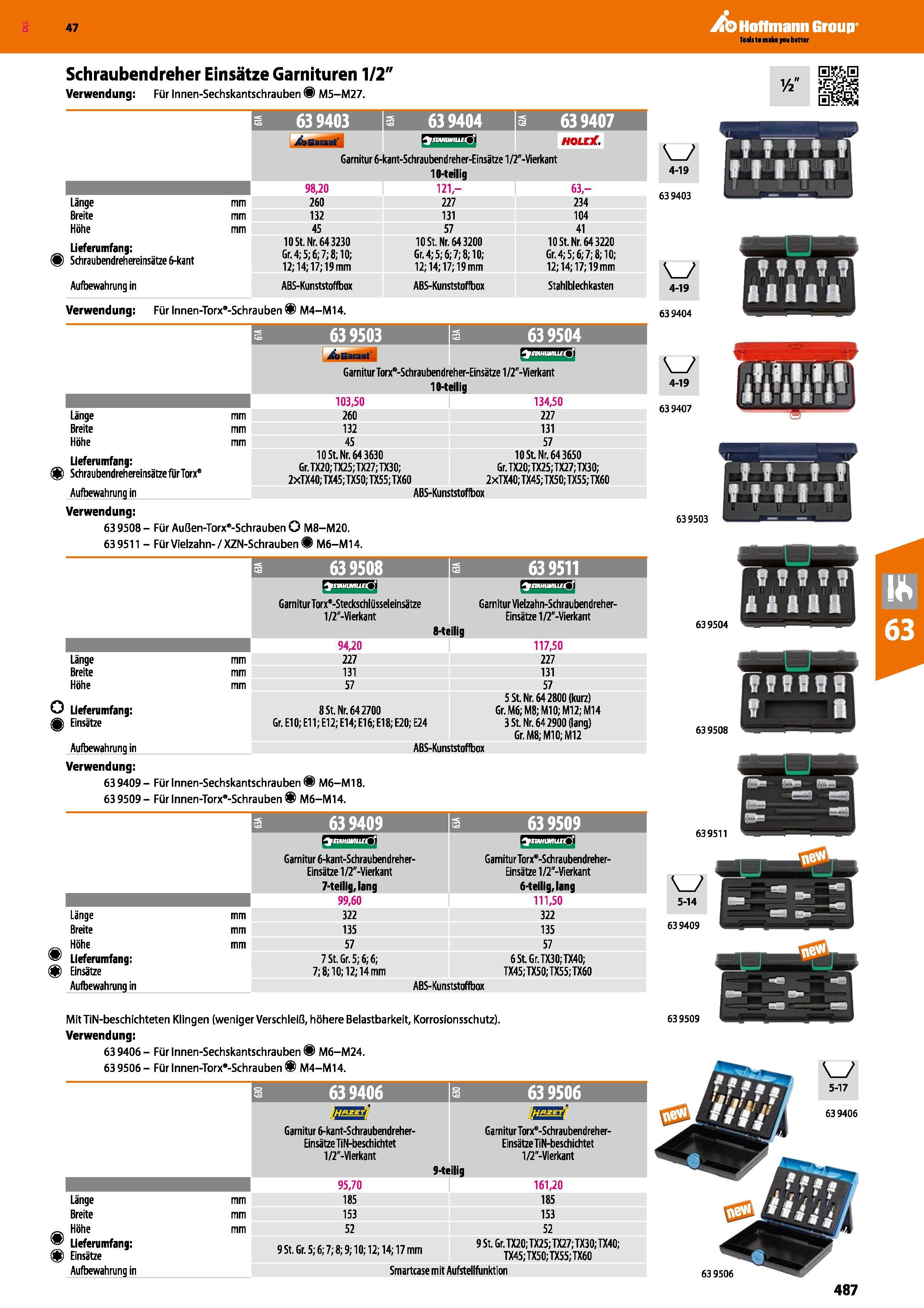 487 Schraubendreher Einsätze Garnituren 1/2 Verwendung Für Innen-Sechskantschrauben M5-M27 s 63 9403 s 63 9404 3 63 9407 i&Garant Garnitur 6- SVWWttl Каталог HOFFMANN GROUP 2016 Ручной слесарно-монтажный и контрольно-измерительный инструмент и приборы для предприятий машиностроения и мастерских сервисного обслуживания 47 версия издания Стр. 487 DEU
