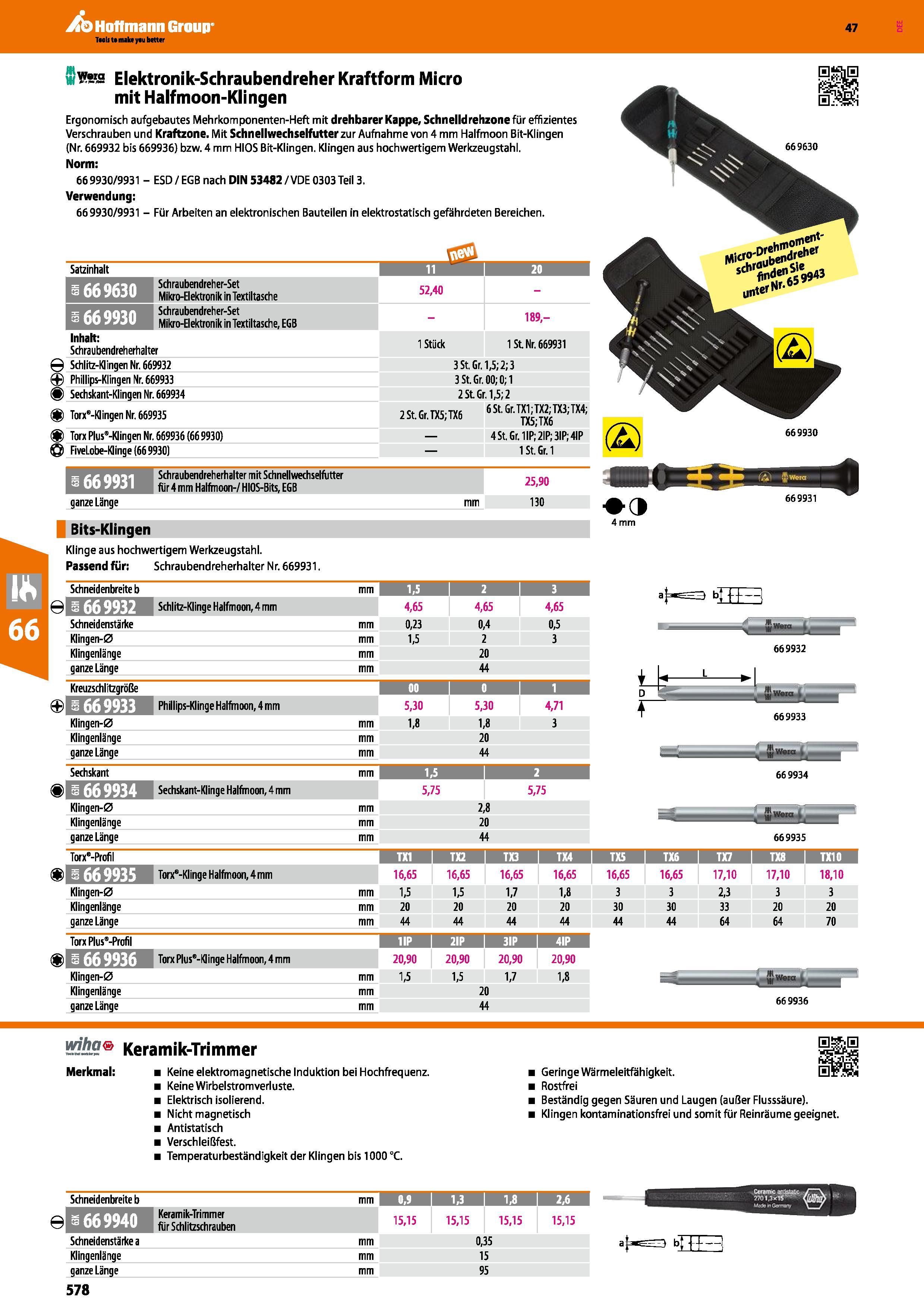 578 Elektronik-Schraubendreher Kraftform Micro mit Halfmoon-Klingen Ergonomisch aufgebautes Mehrkomponenten-Heft mit drehbarer Kappe, Schnelldrehzone Каталог HOFFMANN GROUP 2016 Ручной слесарно-монтажный и контрольно-измерительный инструмент и приборы для предприятий машиностроения и мастерских сервисного обслуживания 47 версия издания Стр. 578 DEU