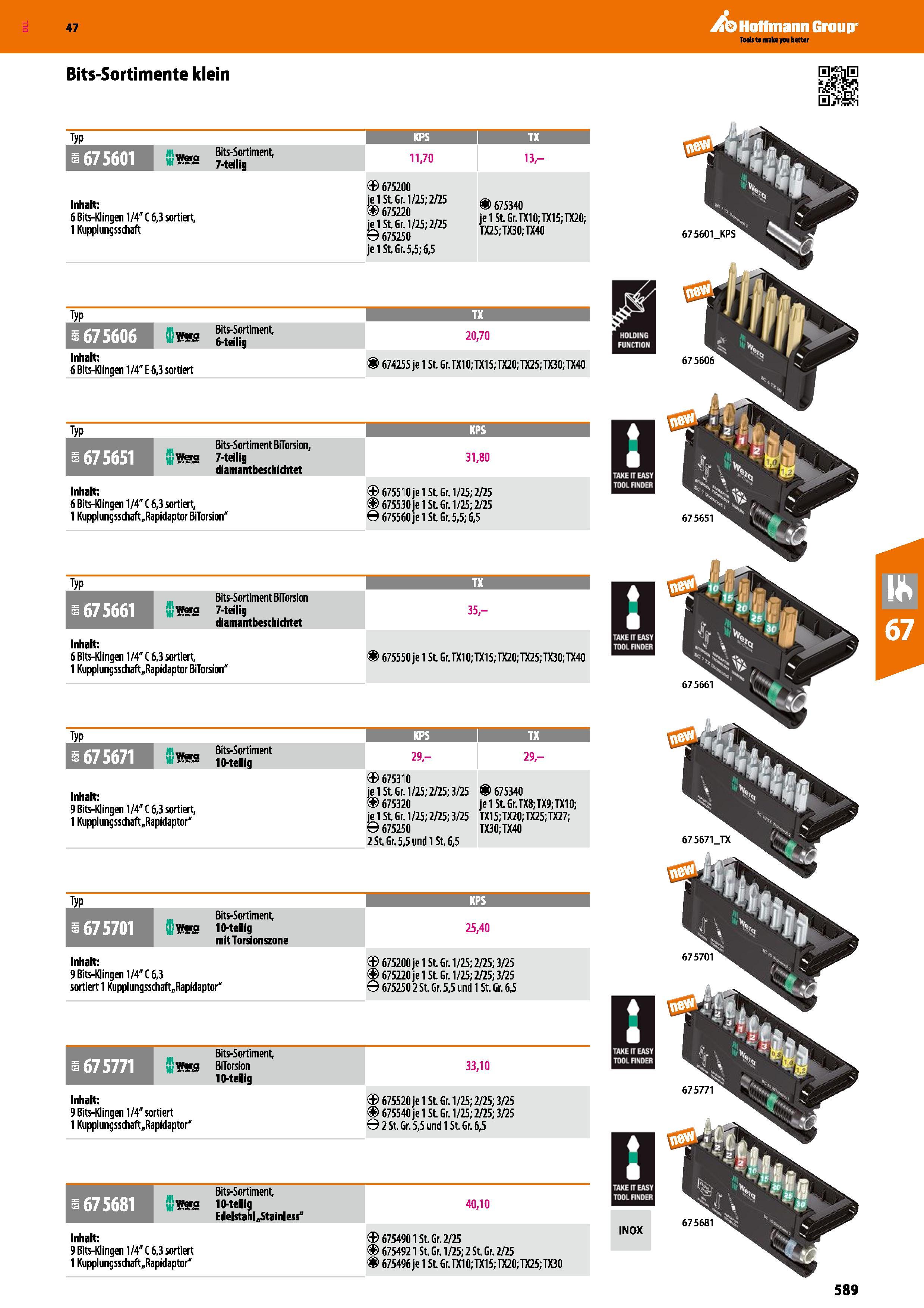 589 Bits-Sortimente klein Typ KPS TX j i67 5601 Bits-Sortiment, 7-teilig 11,70 13- Inhalt 6 Bits-Klingen 1/4 C 6,3 sortiert, 1 Kupplungsschaft 675200 Каталог HOFFMANN GROUP 2016 Ручной слесарно-монтажный и контрольно-измерительный инструмент и приборы для предприятий машиностроения и мастерских сервисного обслуживания 47 версия издания Стр. 589 DEU