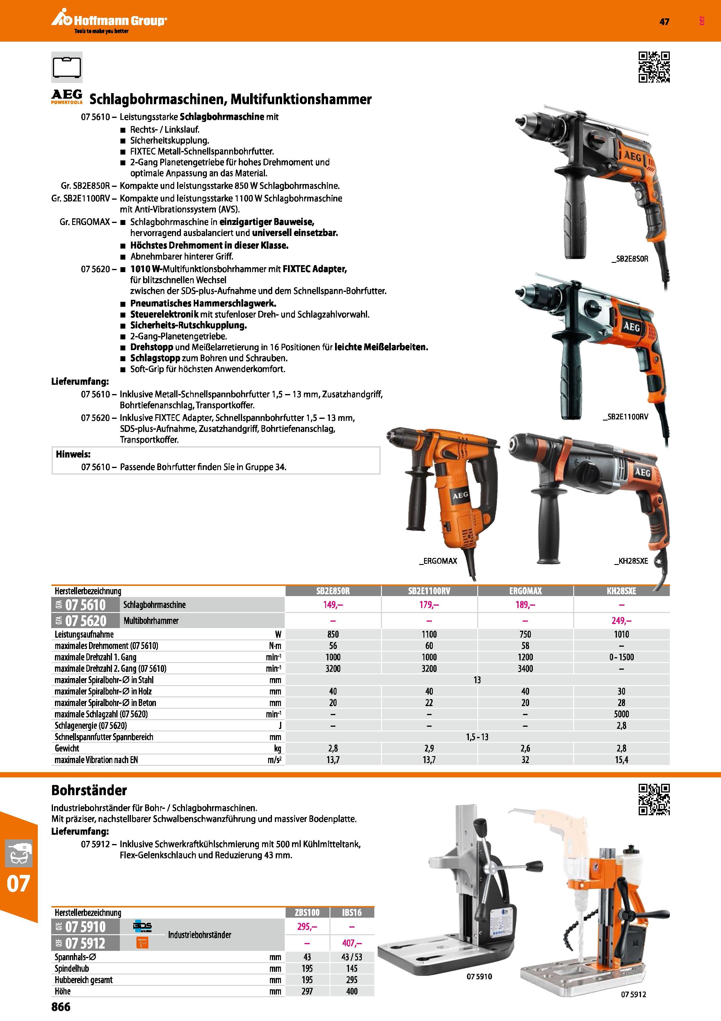 866 POWERTOOLS Schlagbohrmaschinen, Multifunktionshammer 07 5610 - Leistungsstarke Schlagbohrmaschine mit Rechts- / Linkslauf Sicherheitskupplung FIX Каталог HOFFMANN GROUP 2016 Ручной слесарно-монтажный и контрольно-измерительный инструмент и приборы для предприятий машиностроения и мастерских сервисного обслуживания 47 версия издания Стр. 866 DEU